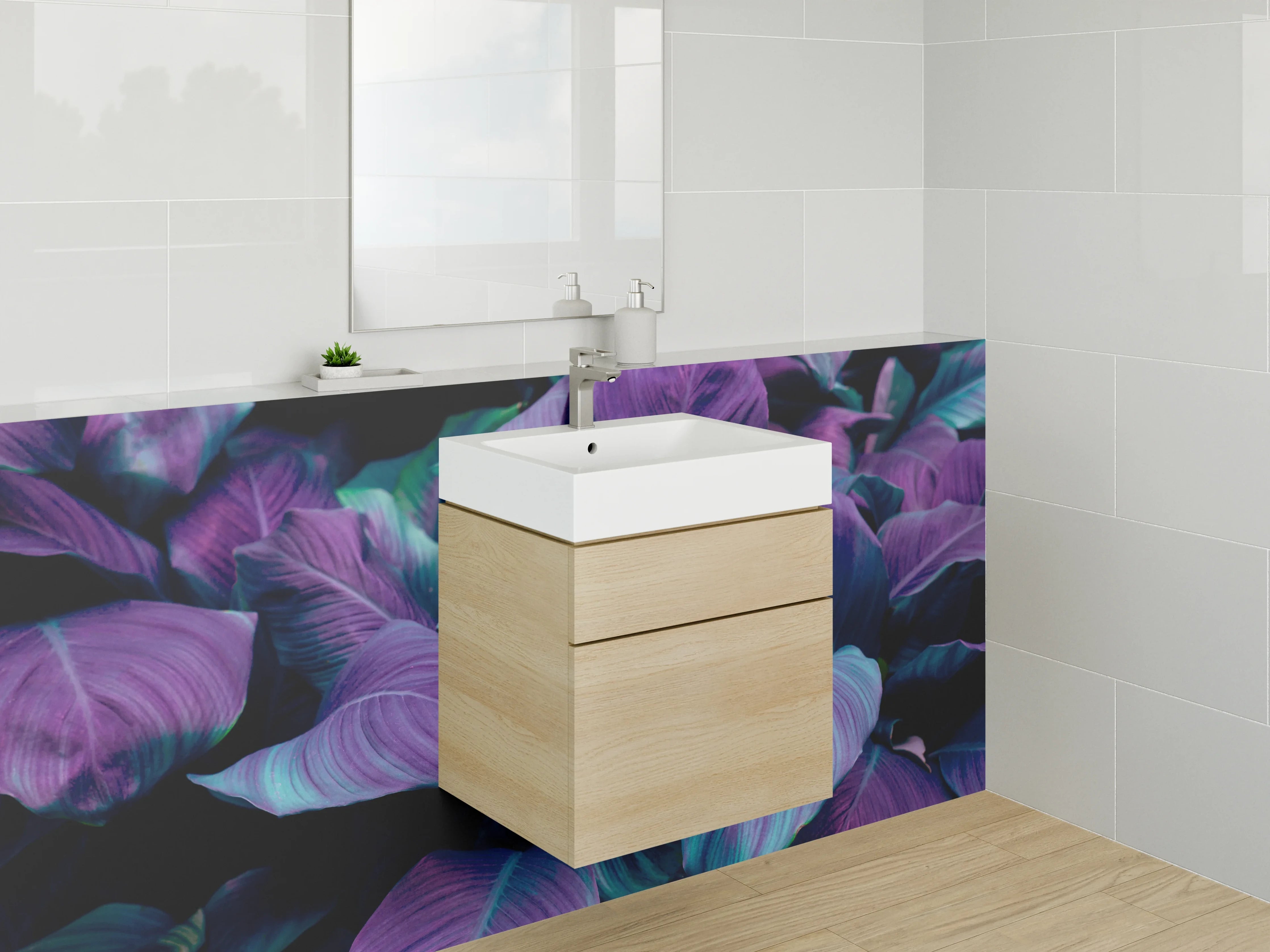 Waschbecken-Rückwand - Lila-grüne Tropenblätter Kunstfoto