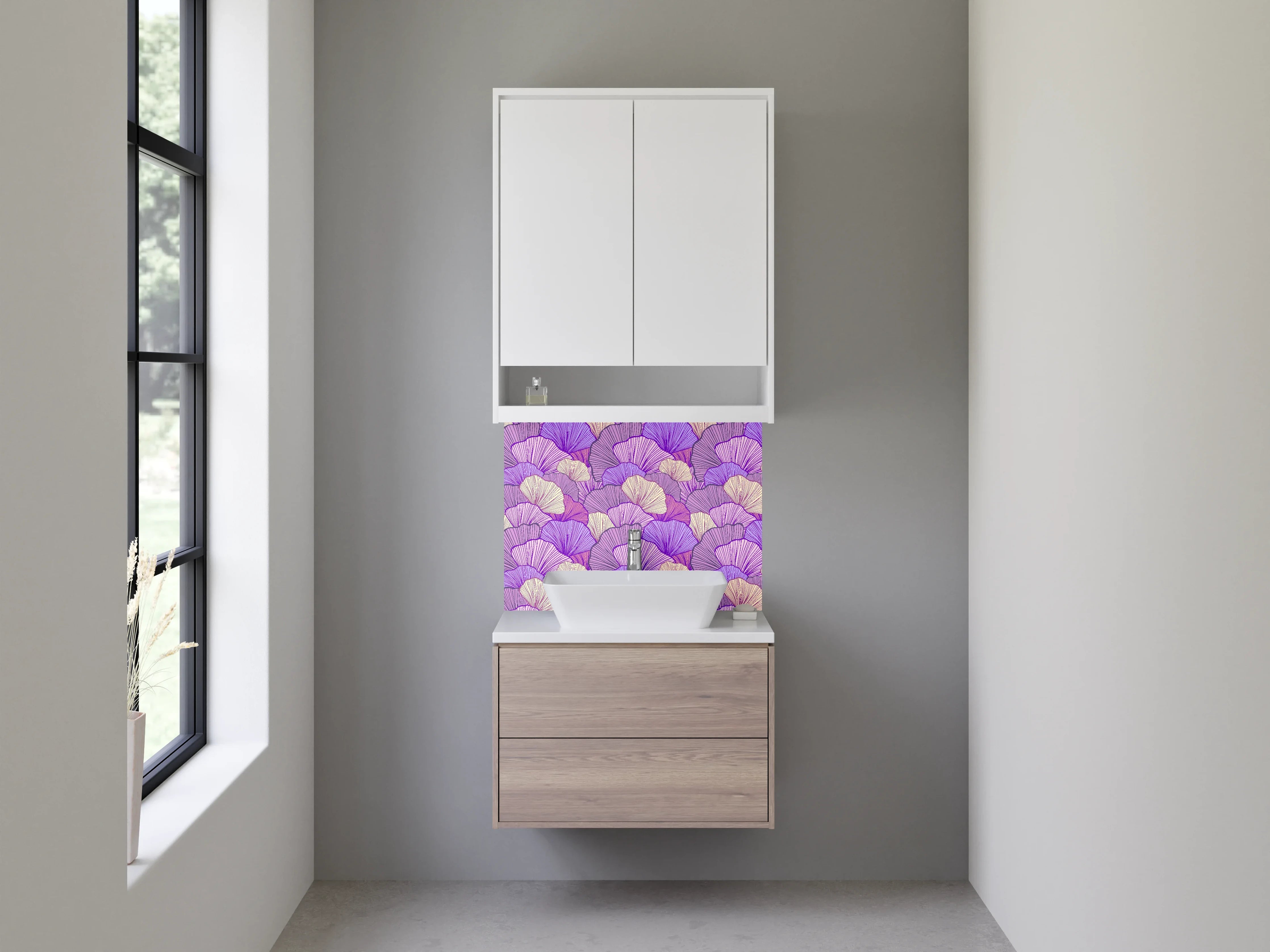 Waschbecken-Rückwand - Lila und Beigetöne Blumenmuster