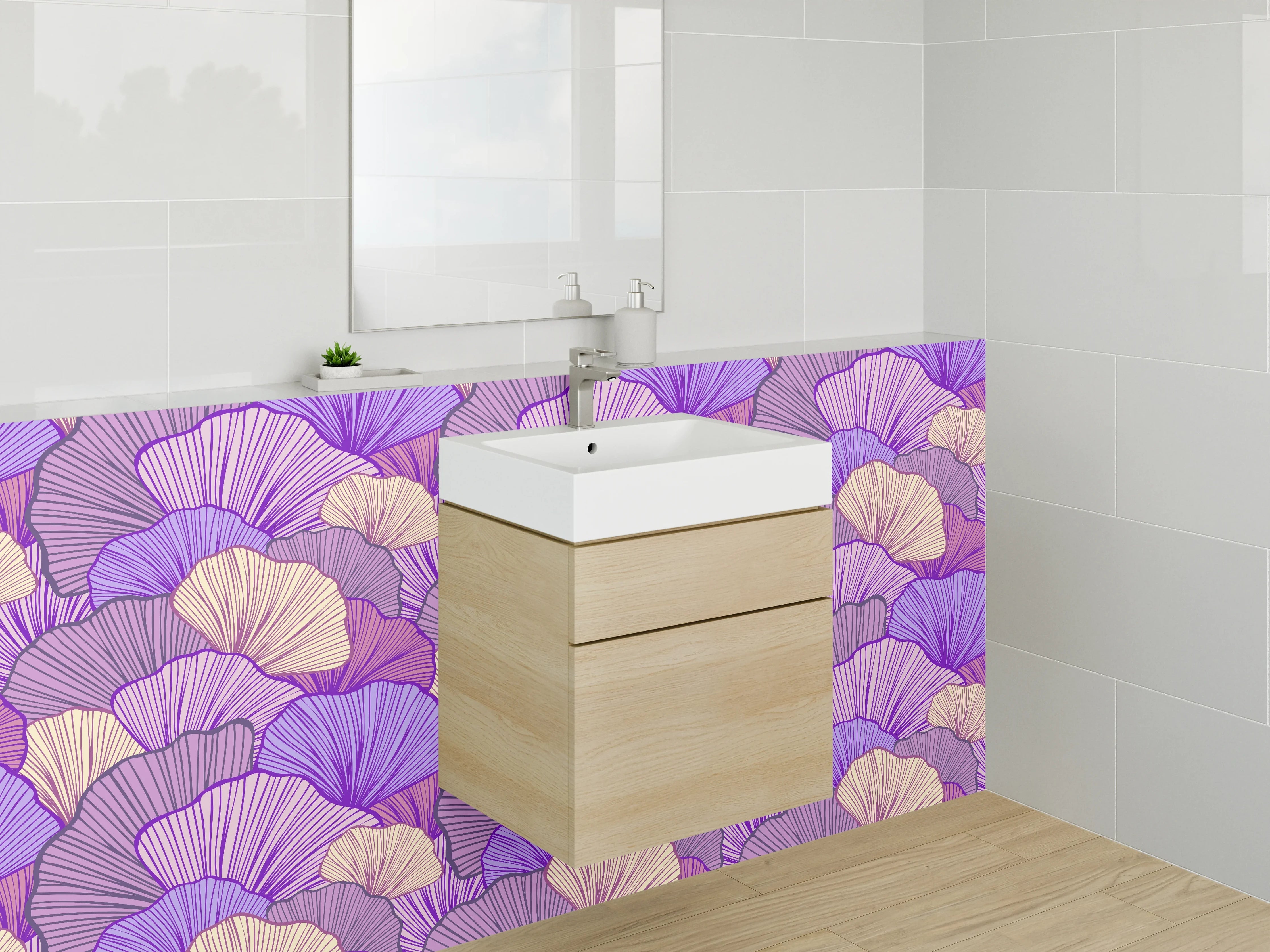 Waschbecken-Rückwand - Lila und Beigetöne Blumenmuster