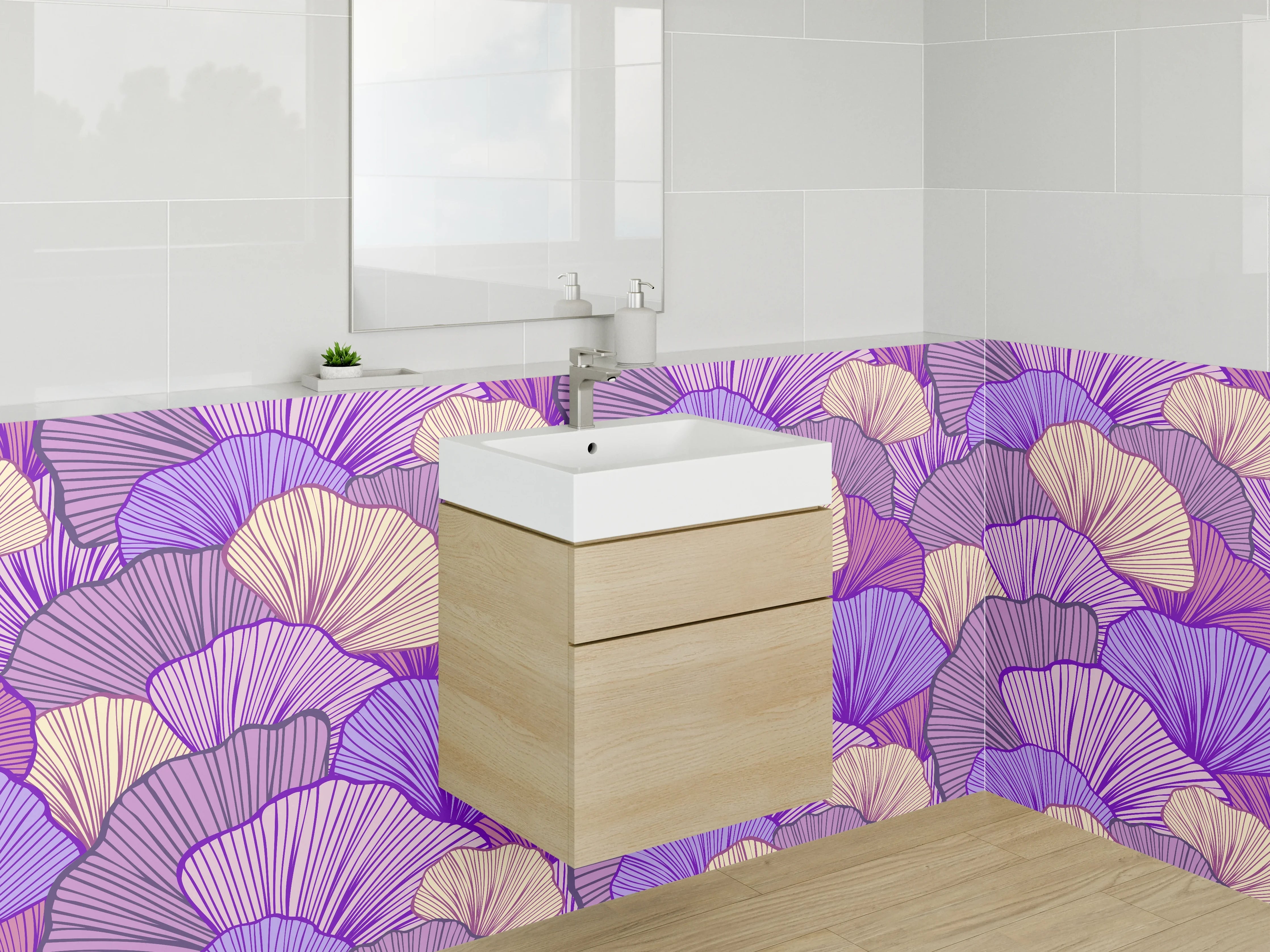 Waschbecken-Rückwand - Lila und Beigetöne Blumenmuster