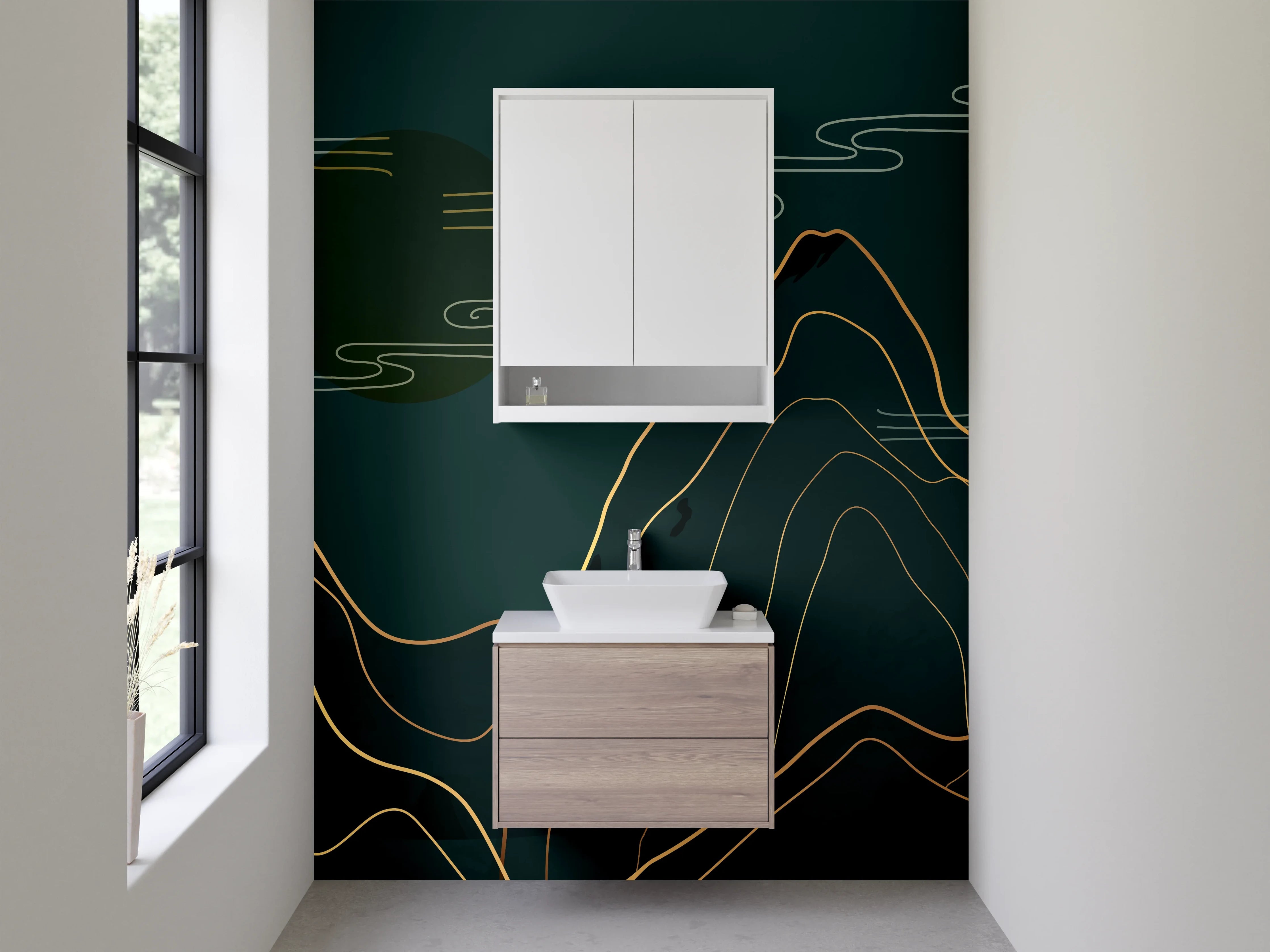 Waschbecken-Rückwand - Line Art Berge Gold auf Dunkelgrün