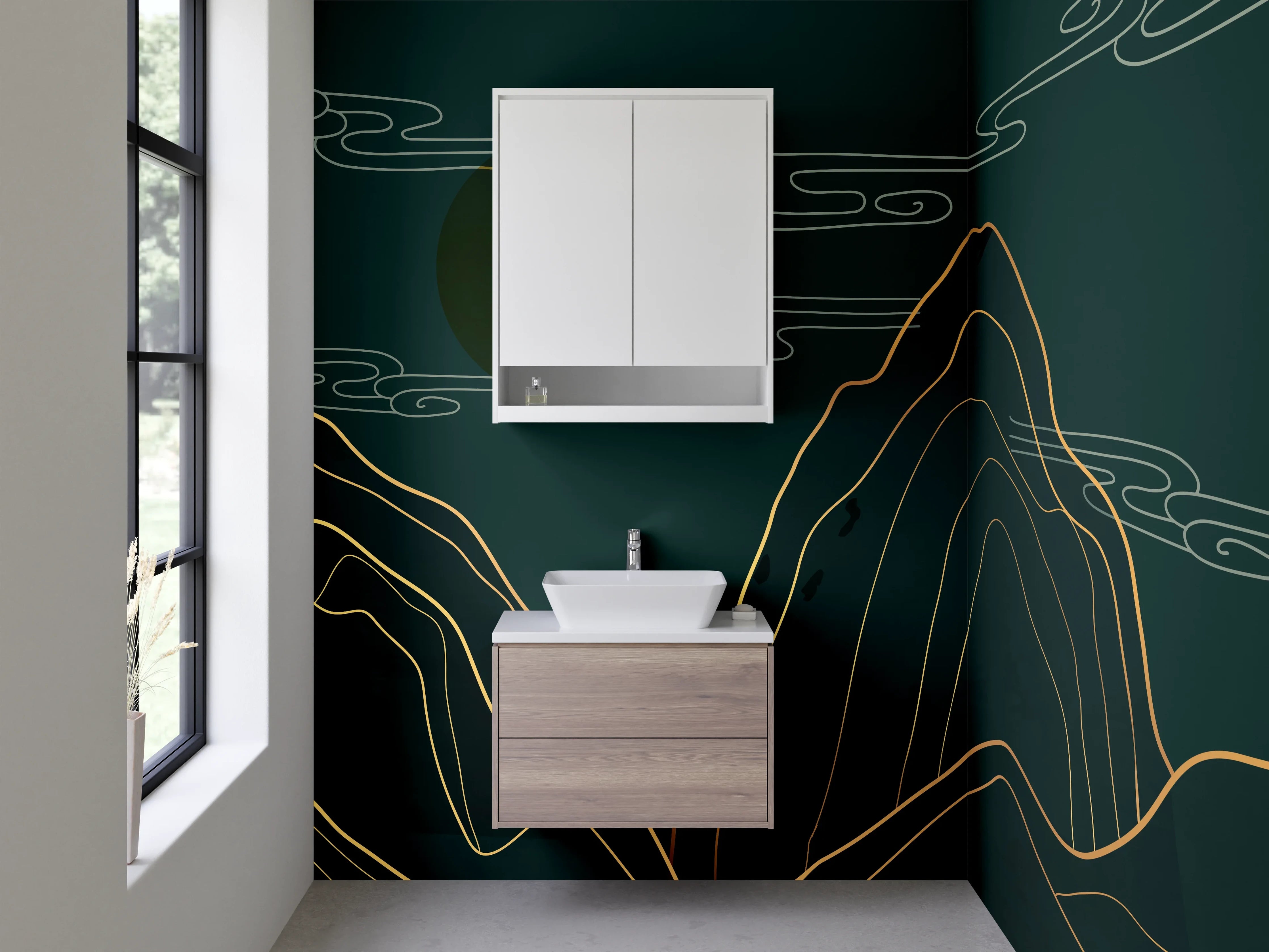Waschbecken-Rückwand - Line Art Berge Gold auf Dunkelgrün