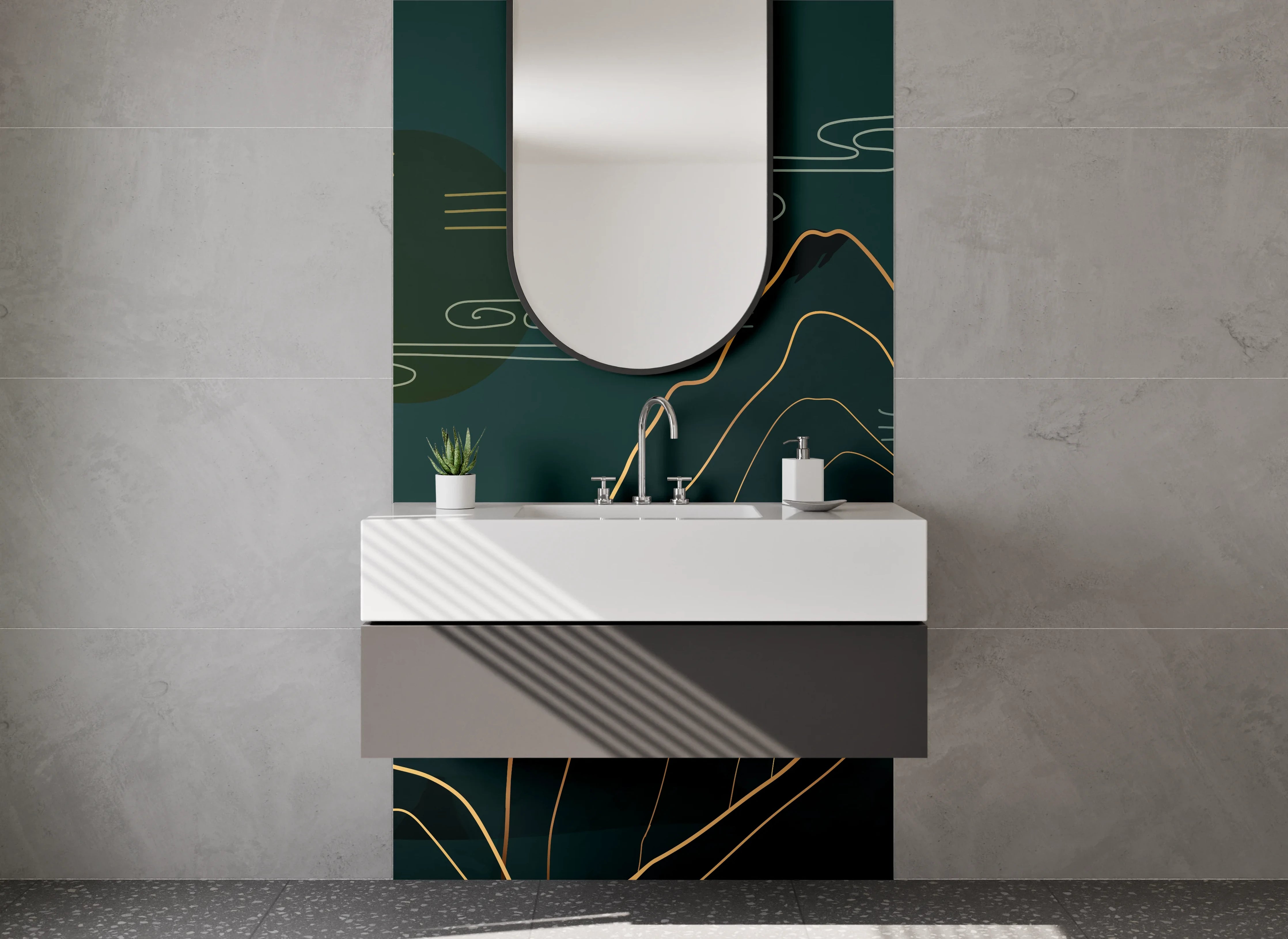 Waschbecken-Rückwand - Line Art Berge Gold auf Dunkelgrün