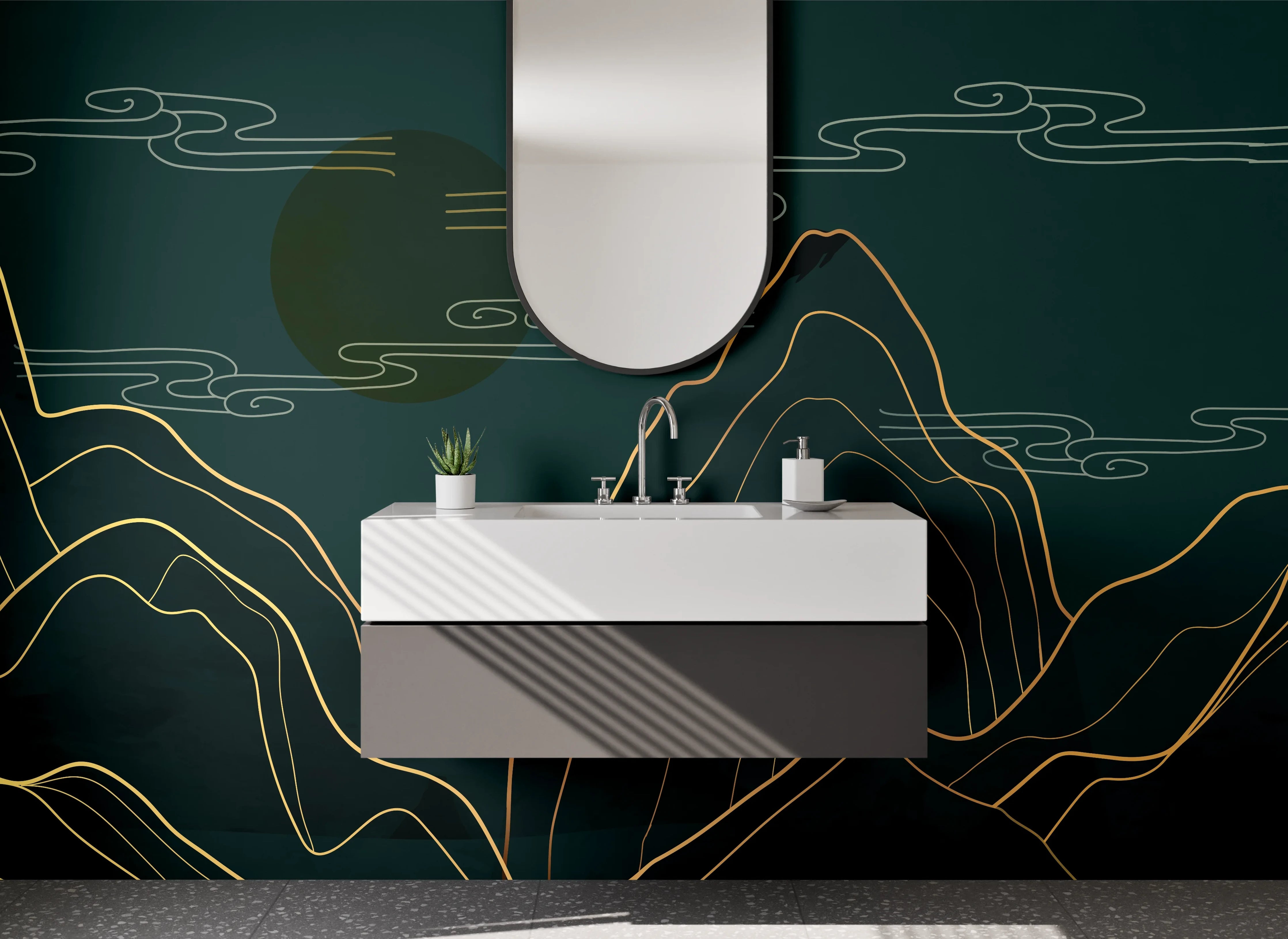 Waschbecken-Rückwand - Line Art Berge Gold auf Dunkelgrün
