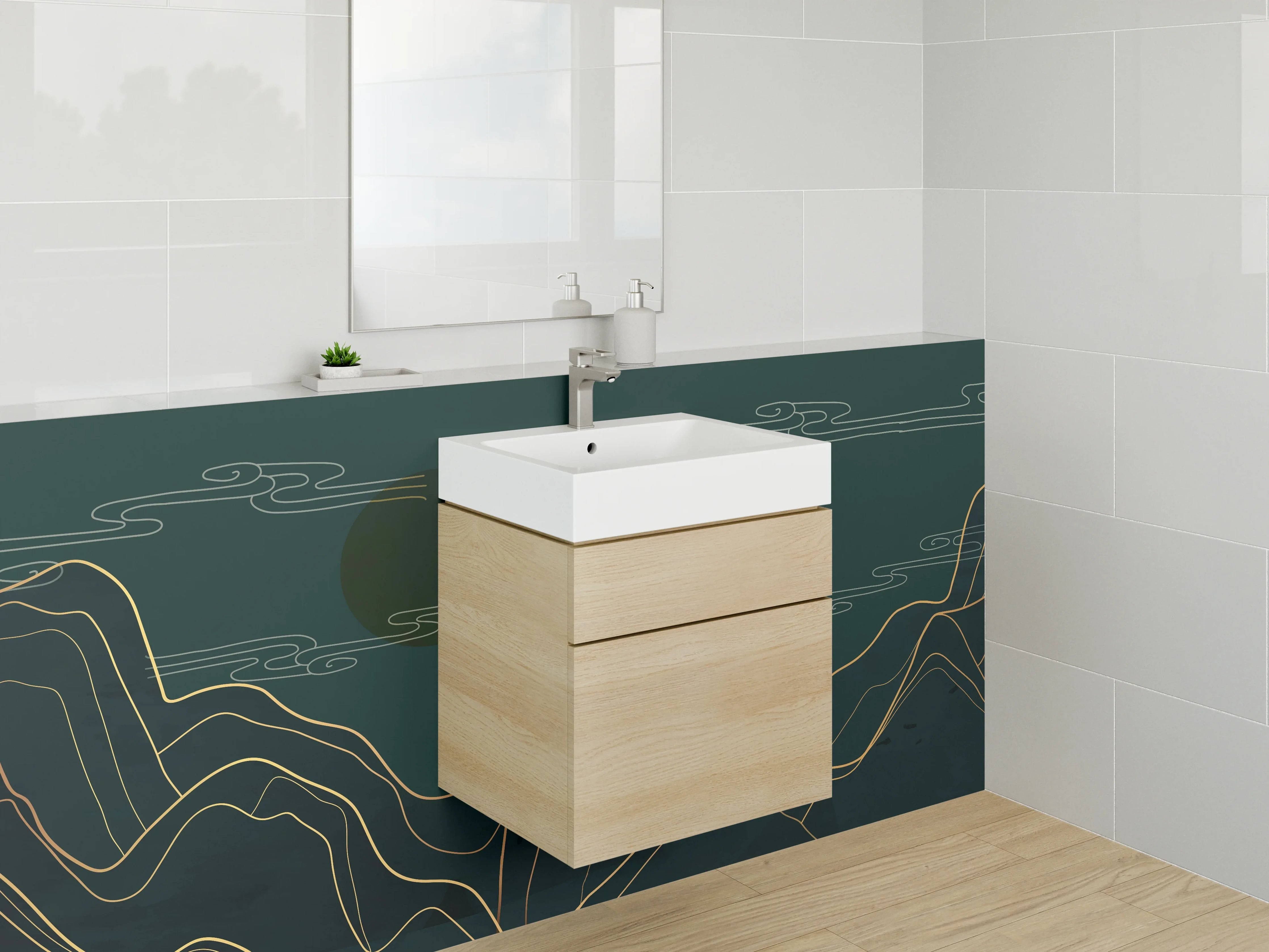 Waschbecken-Rückwand - Line Art Berge Gold auf Dunkelgrün