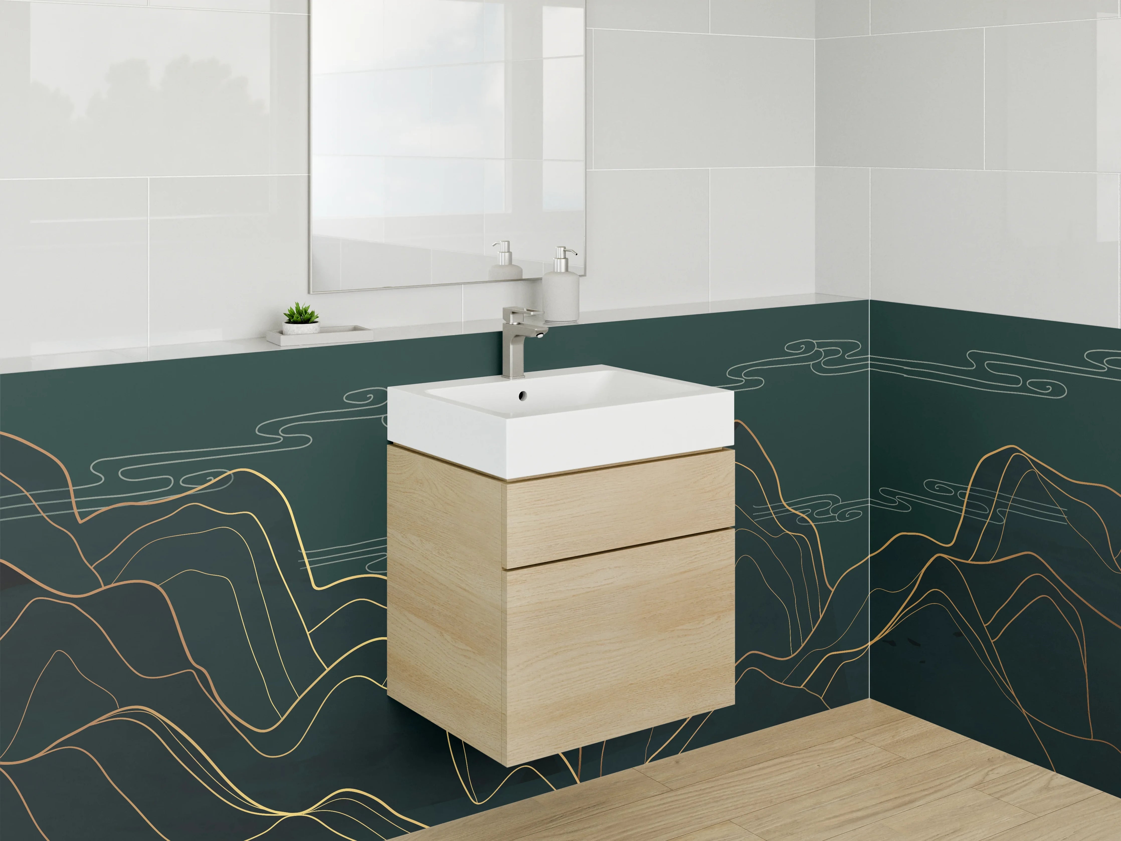 Waschbecken-Rückwand - Line Art Berge Gold auf Dunkelgrün