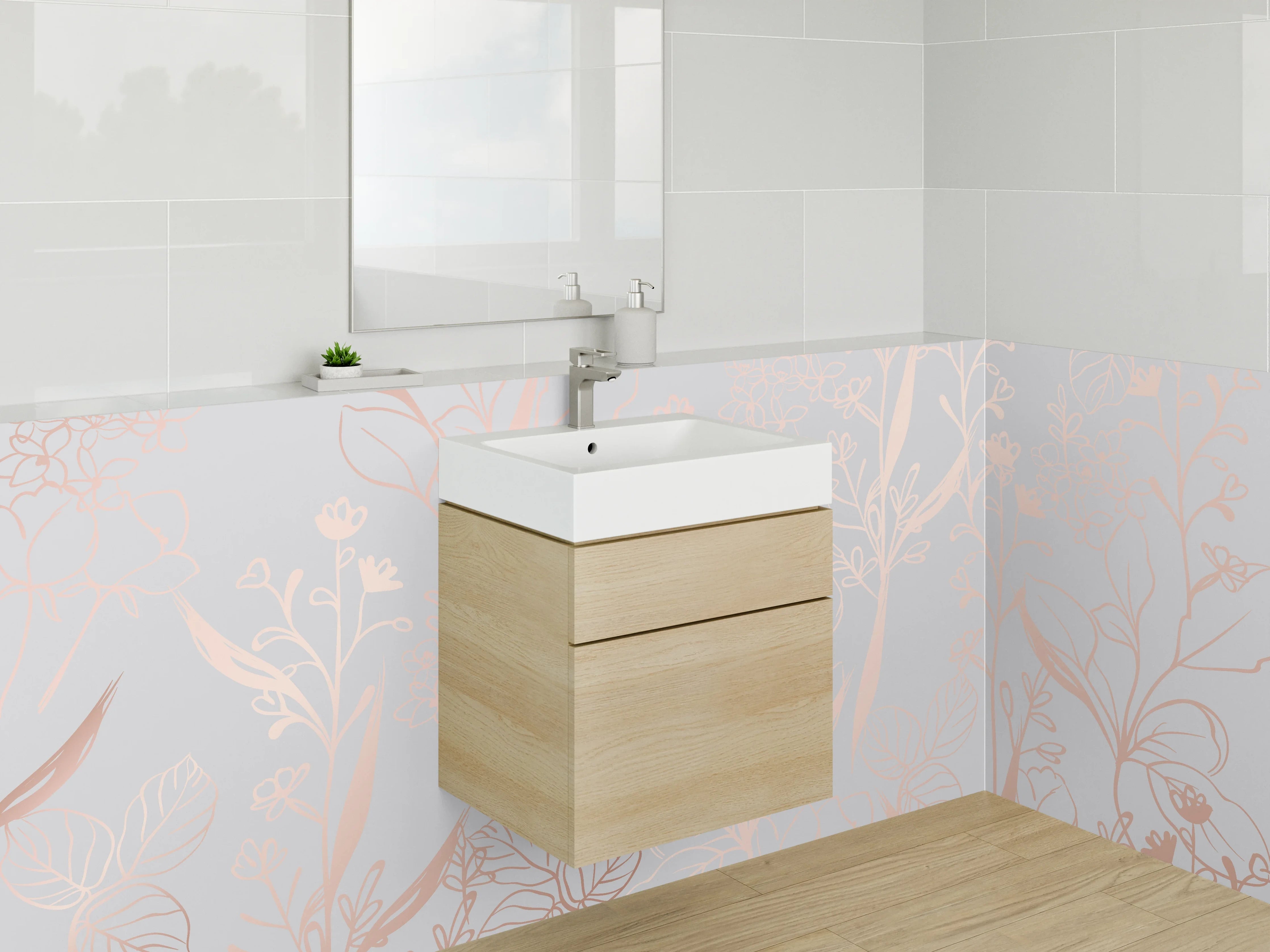 Waschbecken-Rückwand - Lineart Blumen Rosa auf Grau