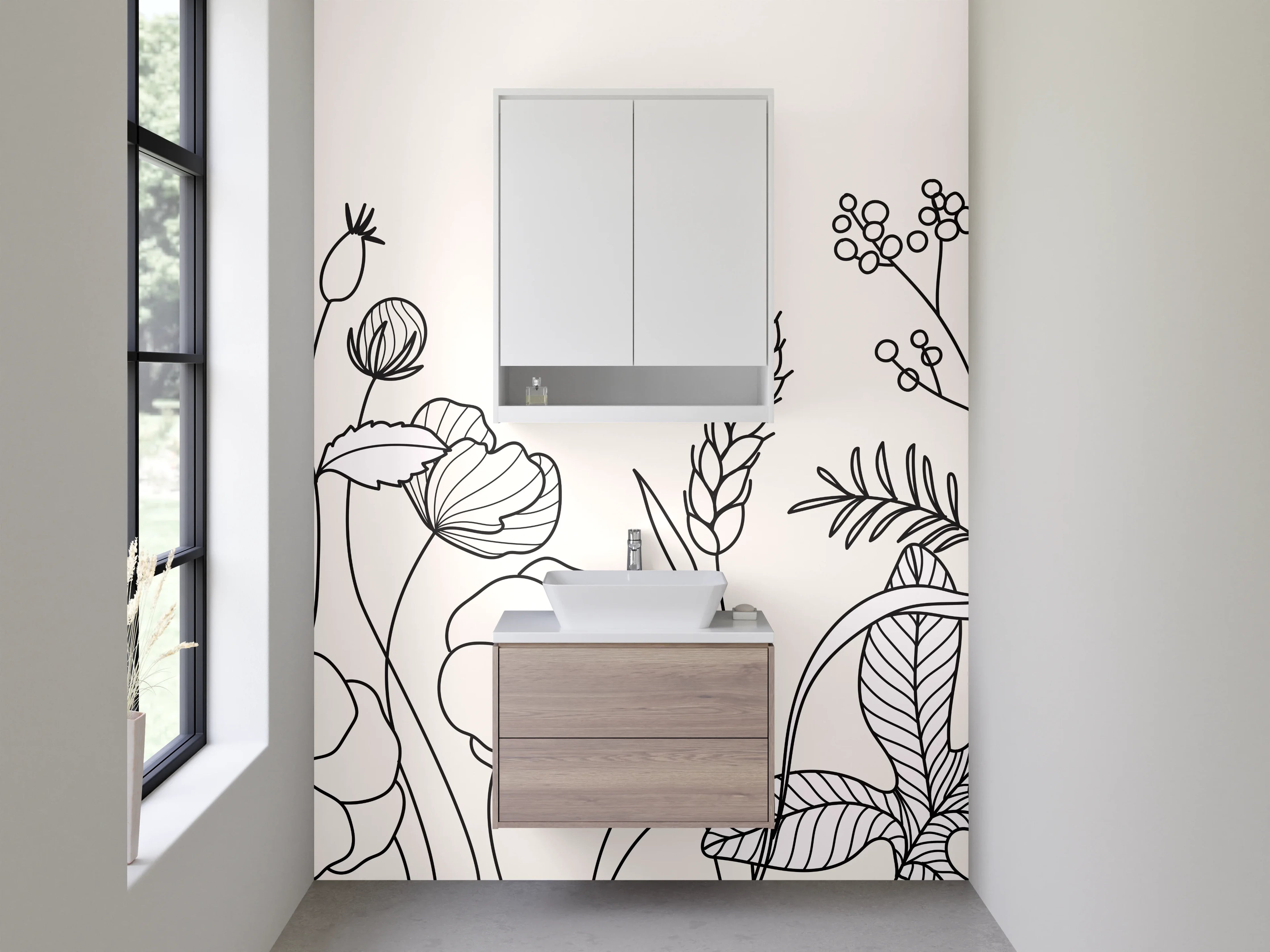 Waschbecken-Rückwand - Lineart Blumen Schwarz-Weiß Minimalistisch
