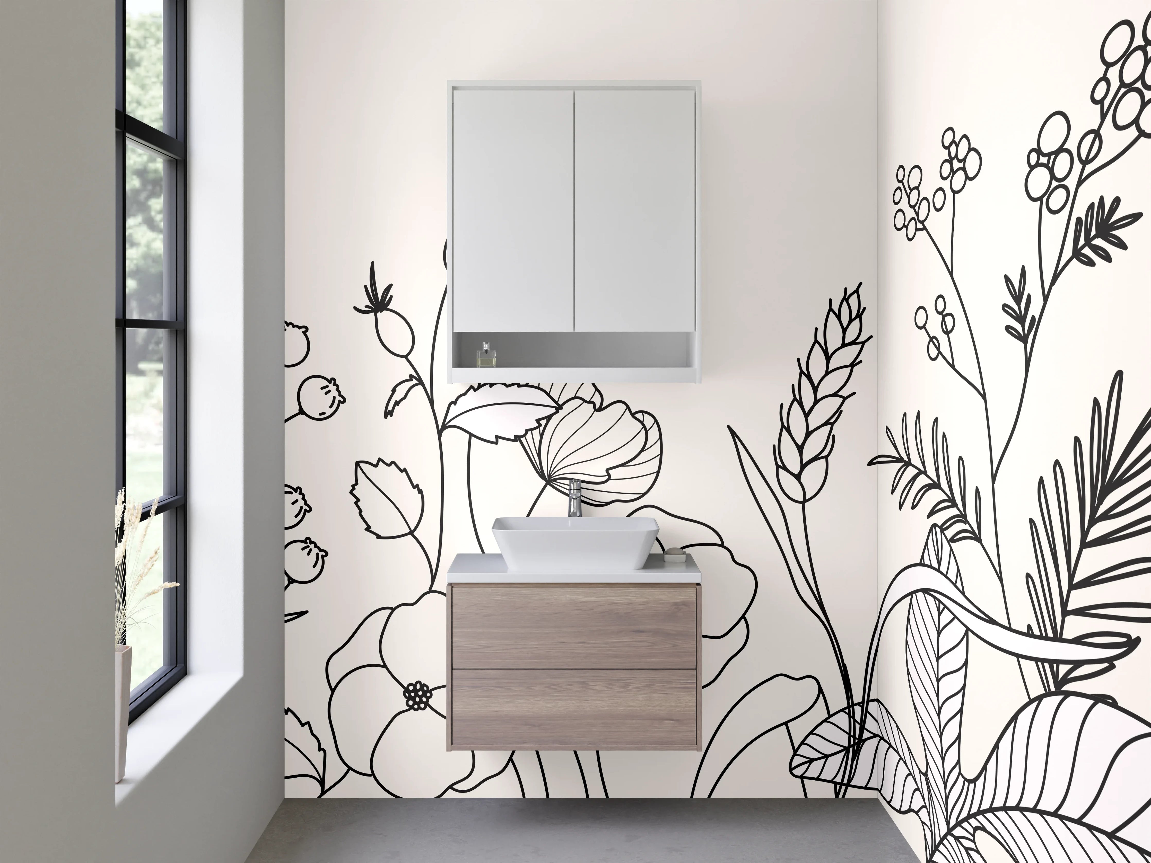 Waschbecken-Rückwand - Lineart Blumen Schwarz-Weiß Minimalistisch
