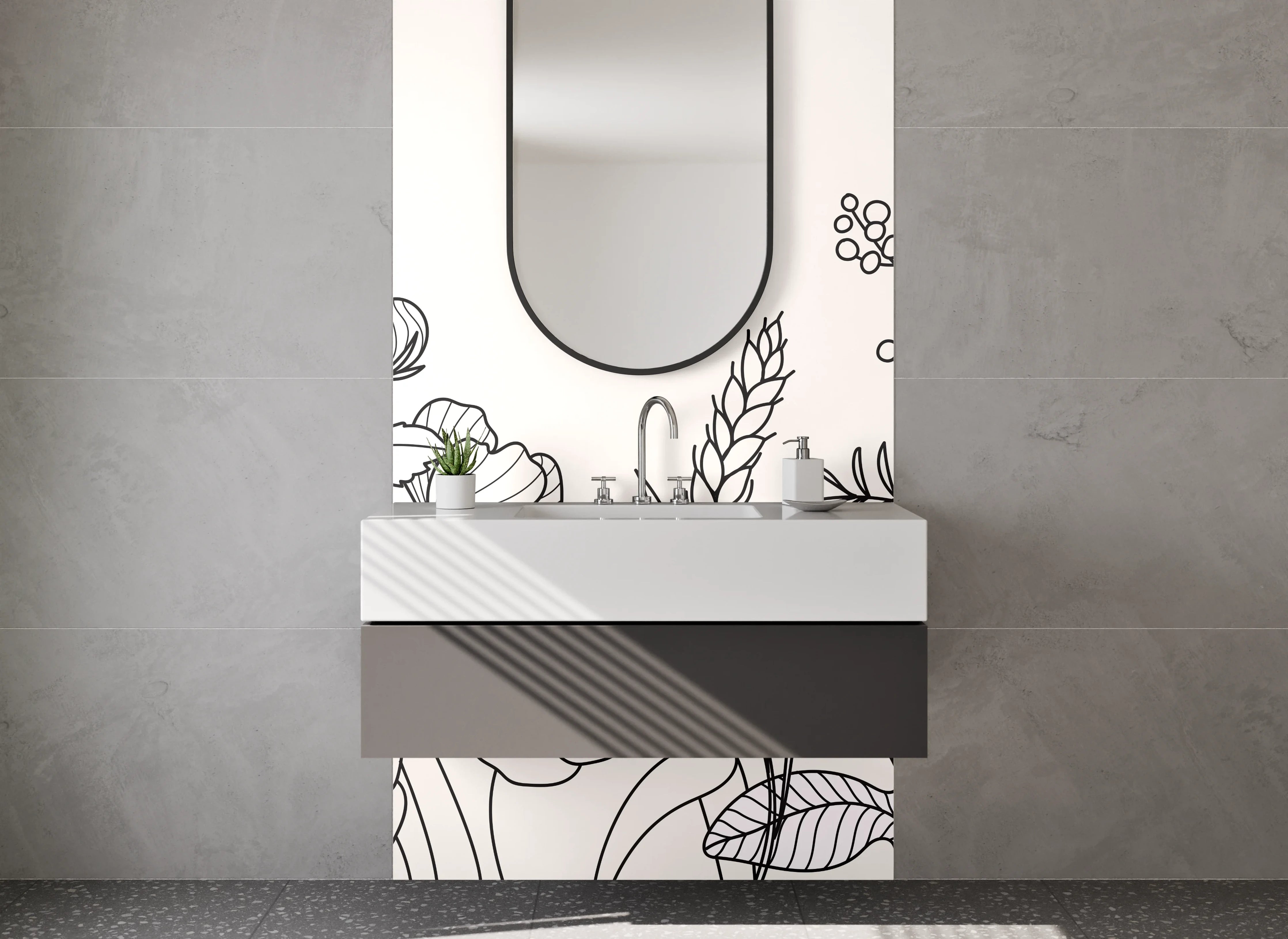 Waschbecken-Rückwand - Lineart Blumen Schwarz-Weiß Minimalistisch