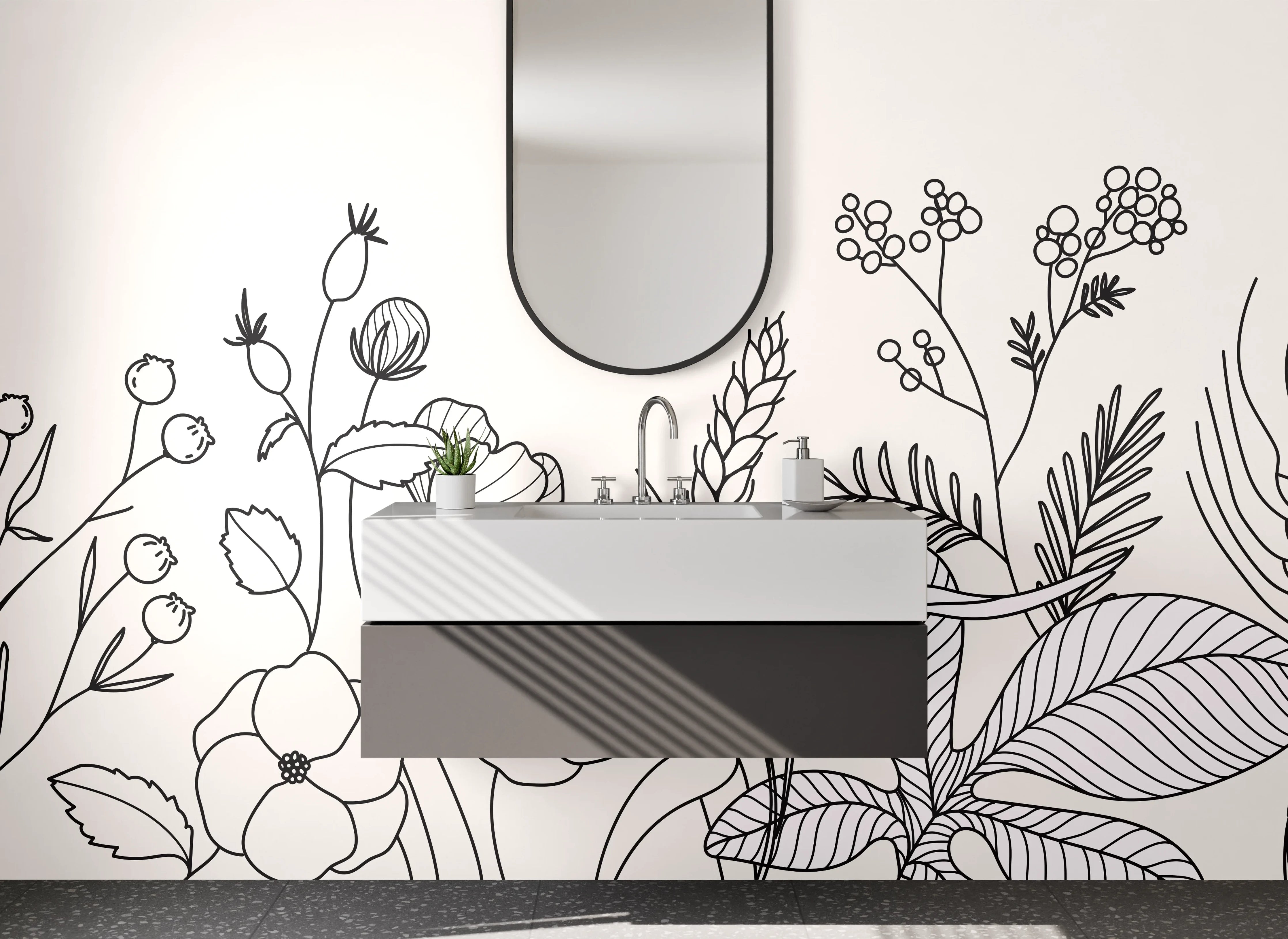 Waschbecken-Rückwand - Lineart Blumen Schwarz-Weiß Minimalistisch