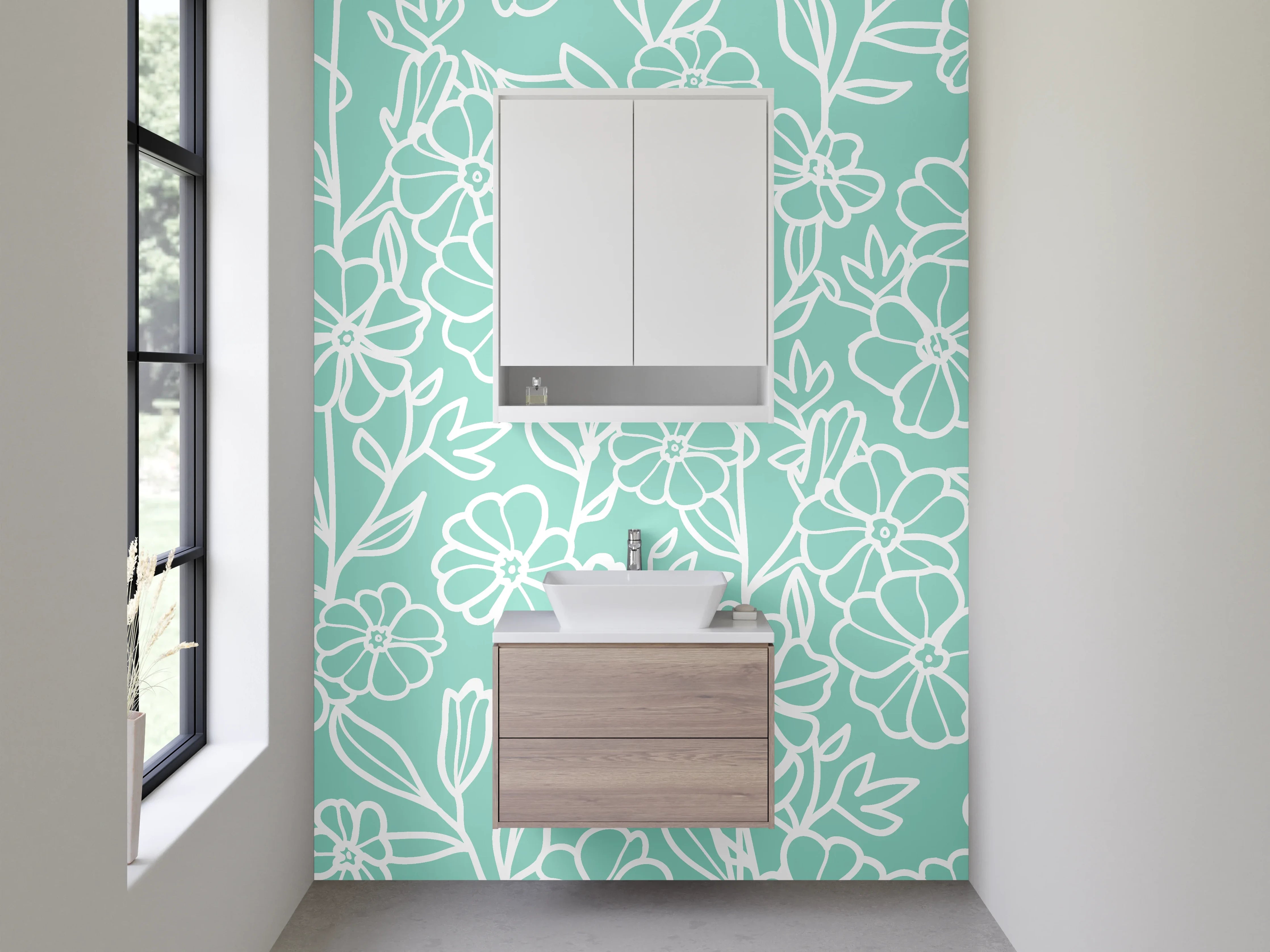 Waschbecken-Rückwand - Lineart Blumen auf mintgrün – floral
