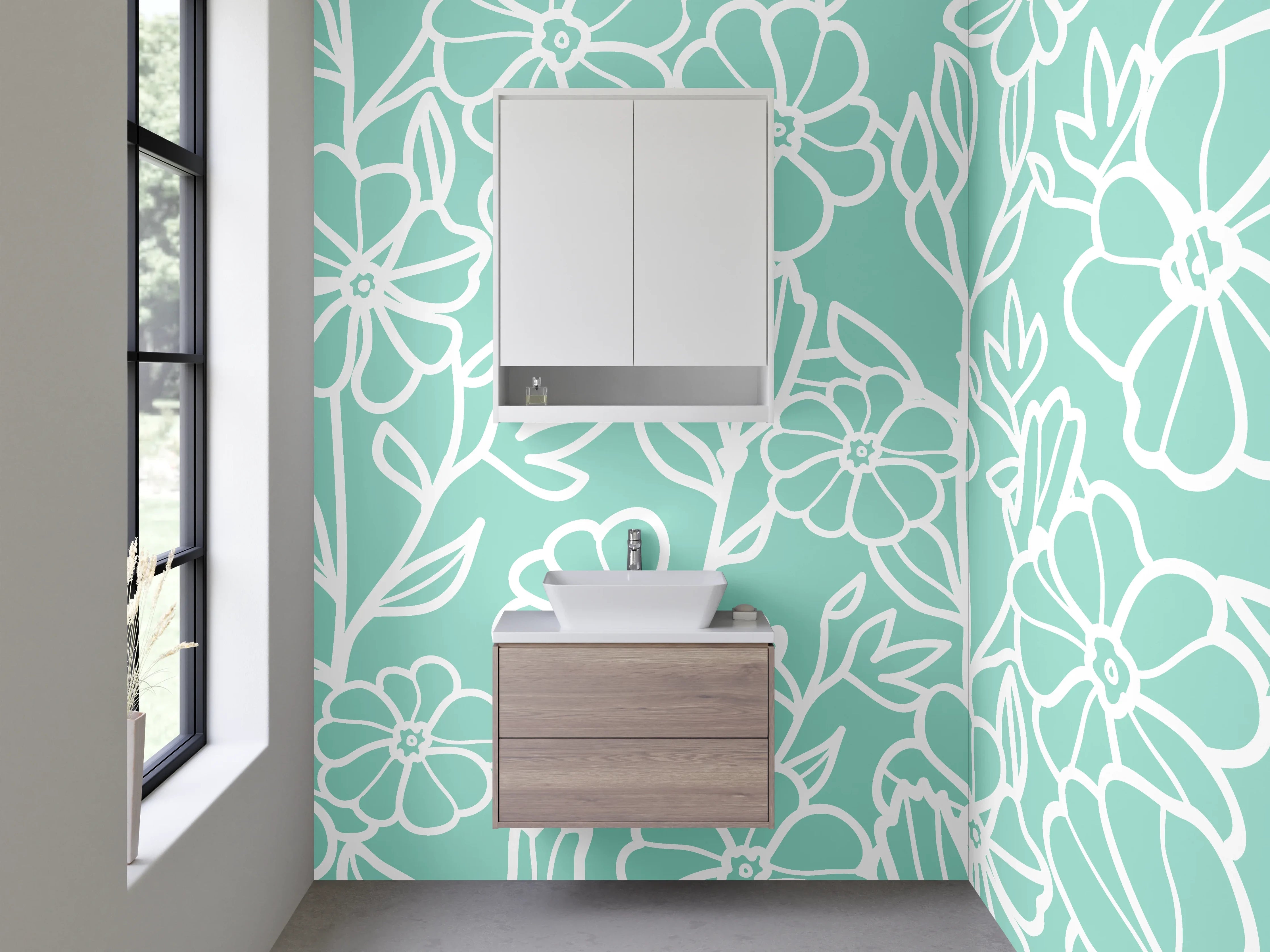 Waschbecken-Rückwand - Lineart Blumen auf mintgrün – floral