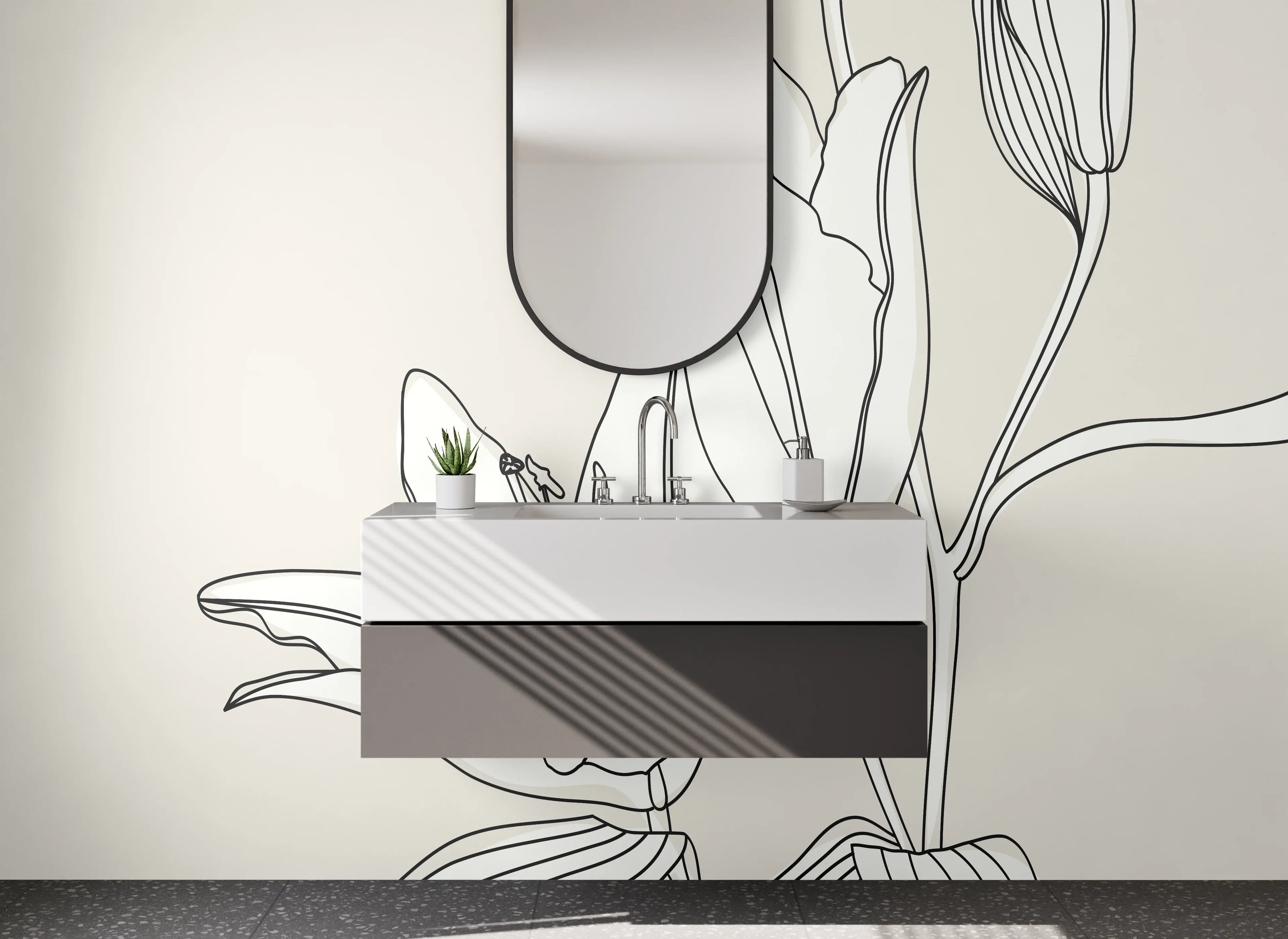 Waschbecken-Rückwand - Lineart Lilie Schwarz-Weiß Minimalismus