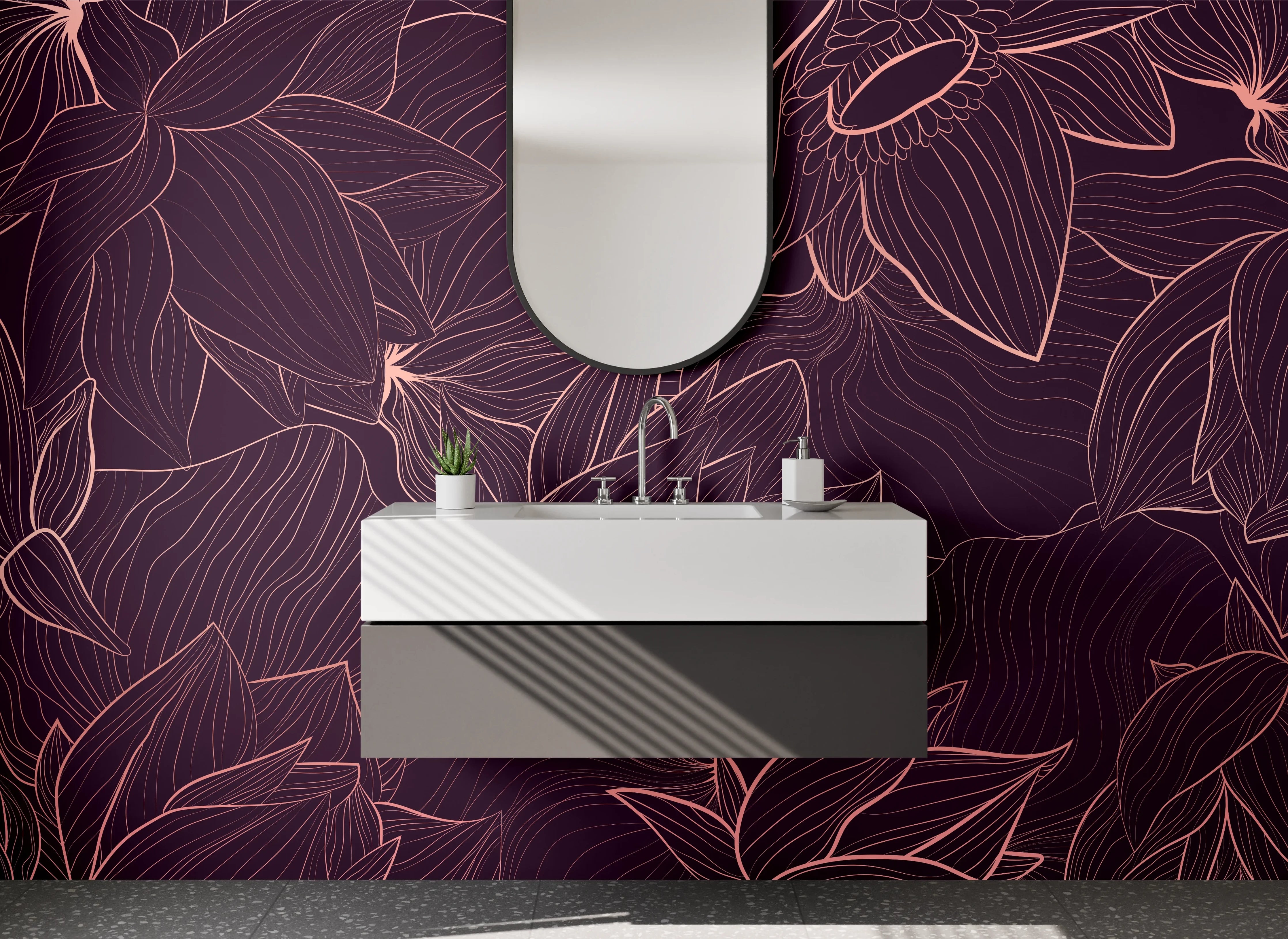 Waschbecken-Rückwand - Lineart Lotusblüten Dunkelrot