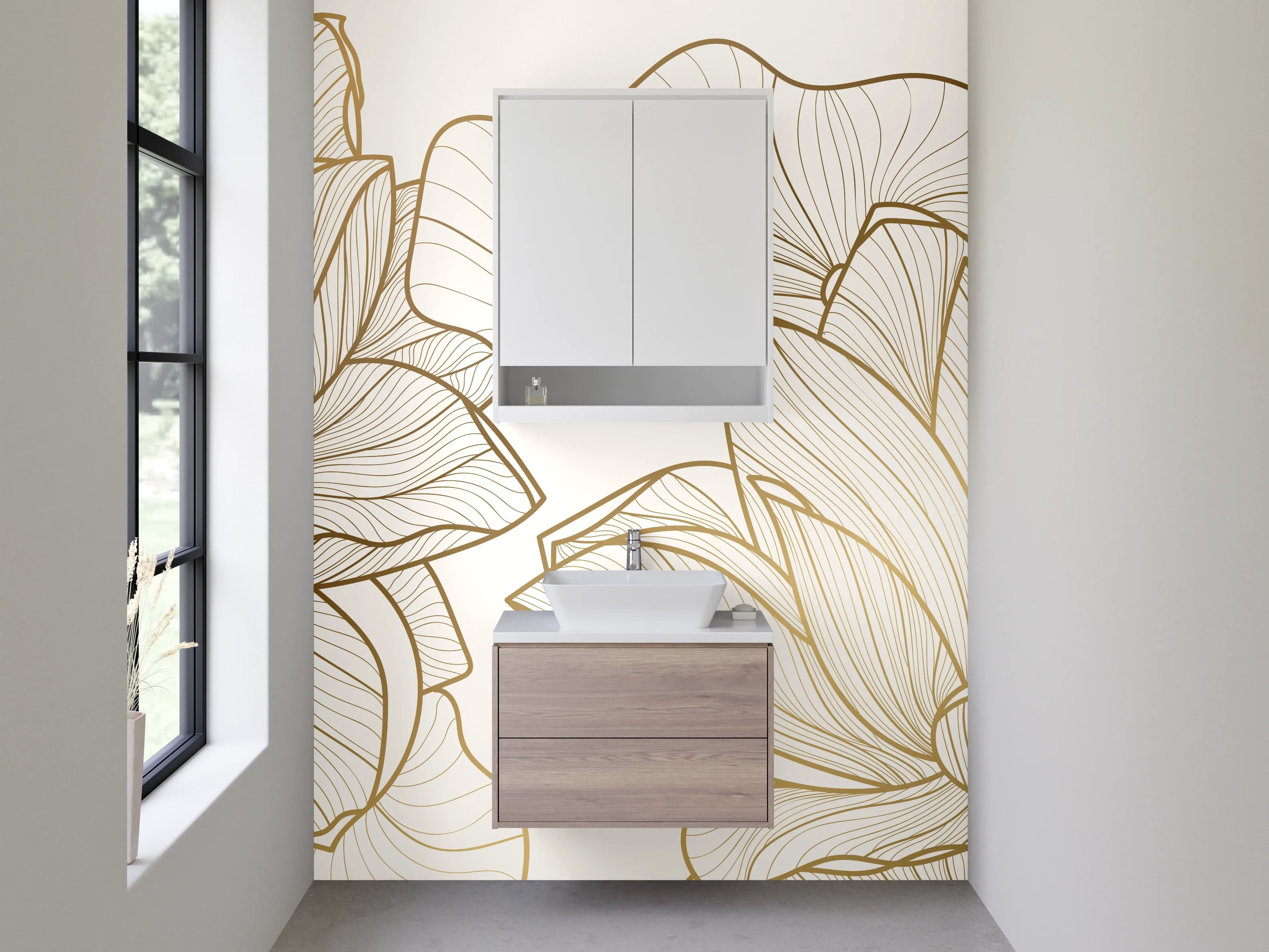 Waschbecken-Rückwand - Lineart Lotusblüten auf Creme-Gold