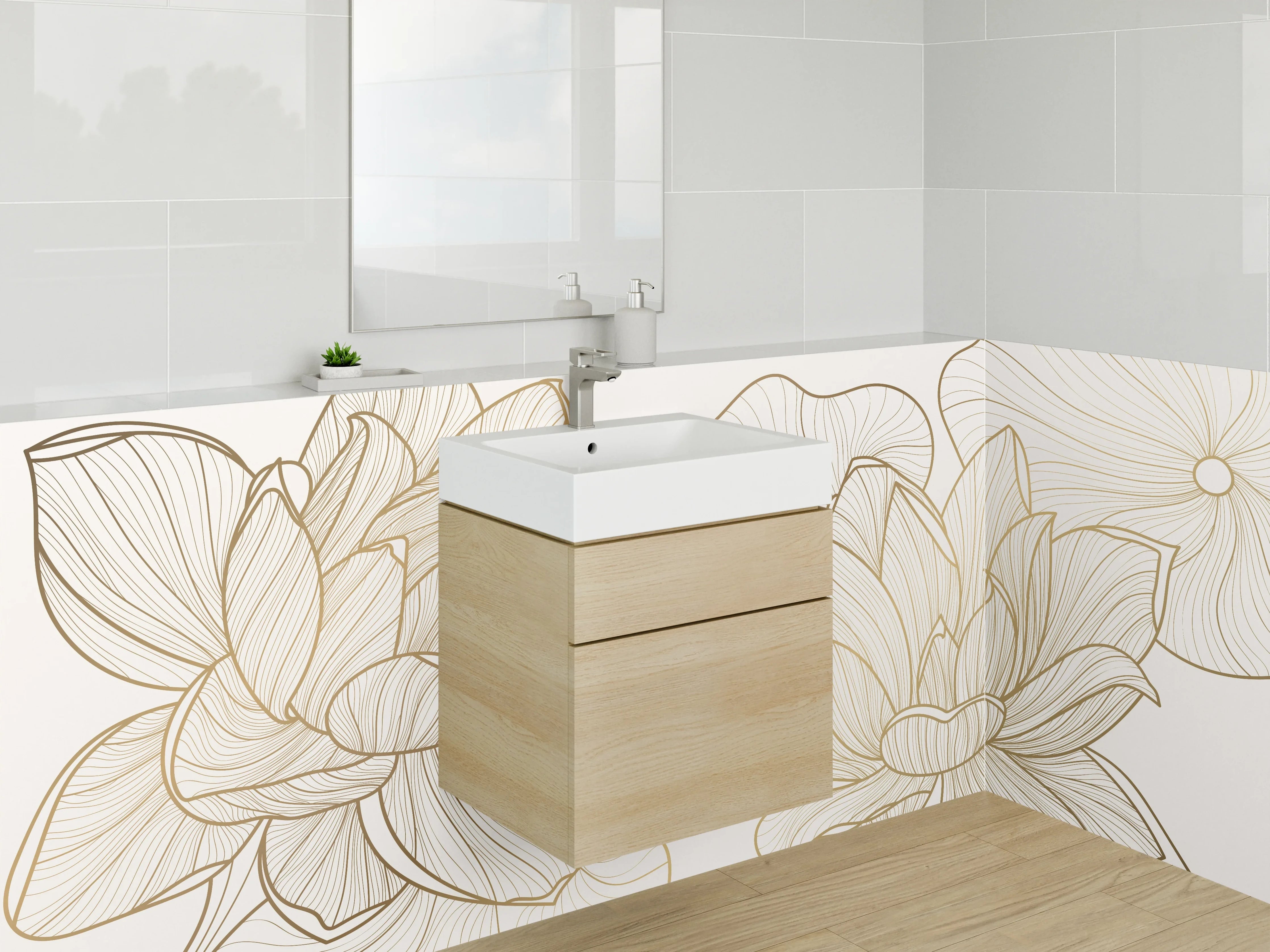 Waschbecken-Rückwand - Lineart Lotusblüten auf Creme-Gold