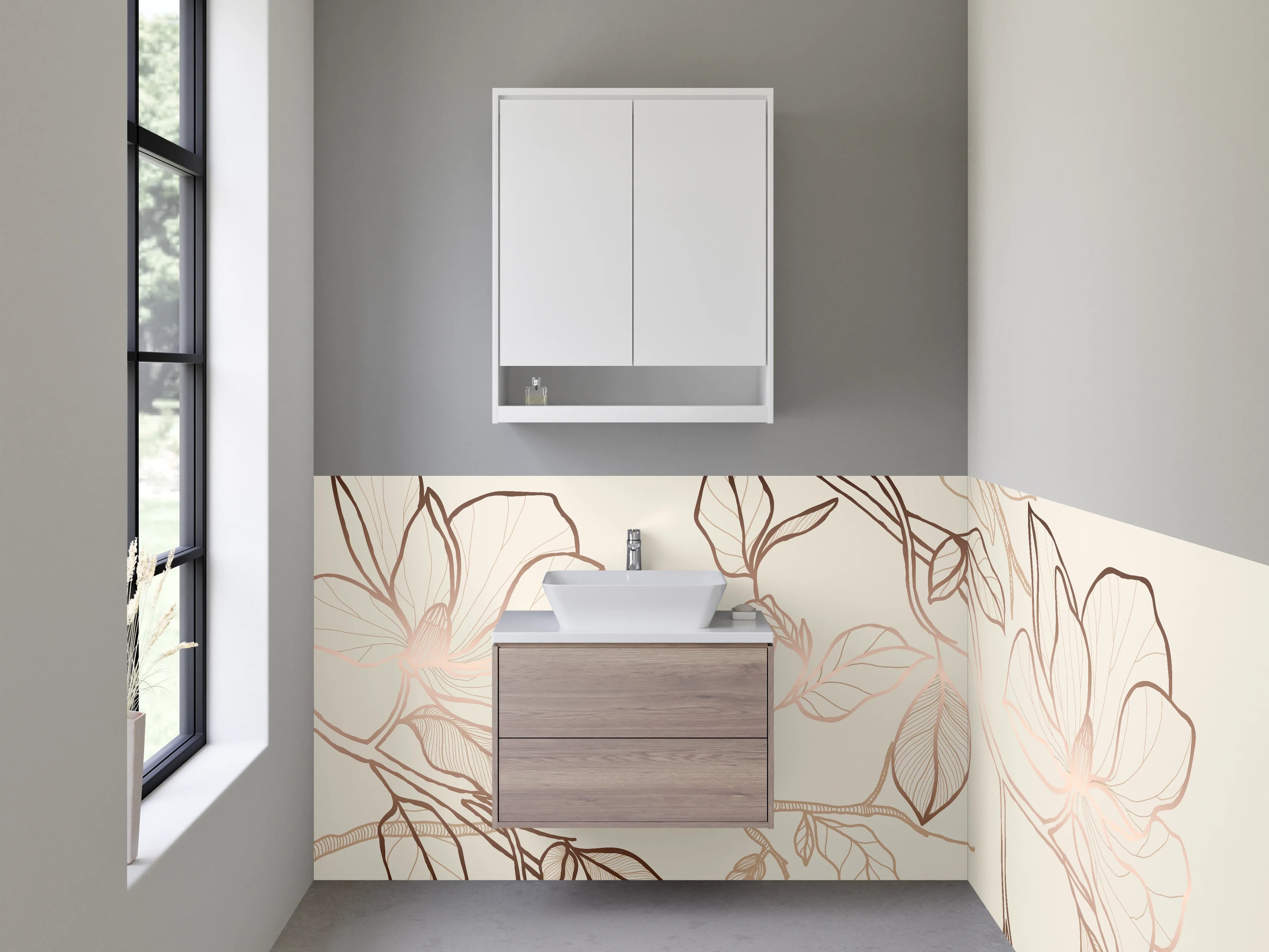 Waschbecken-Rückwand - Lineart Magnolie Blüten Beige Braun