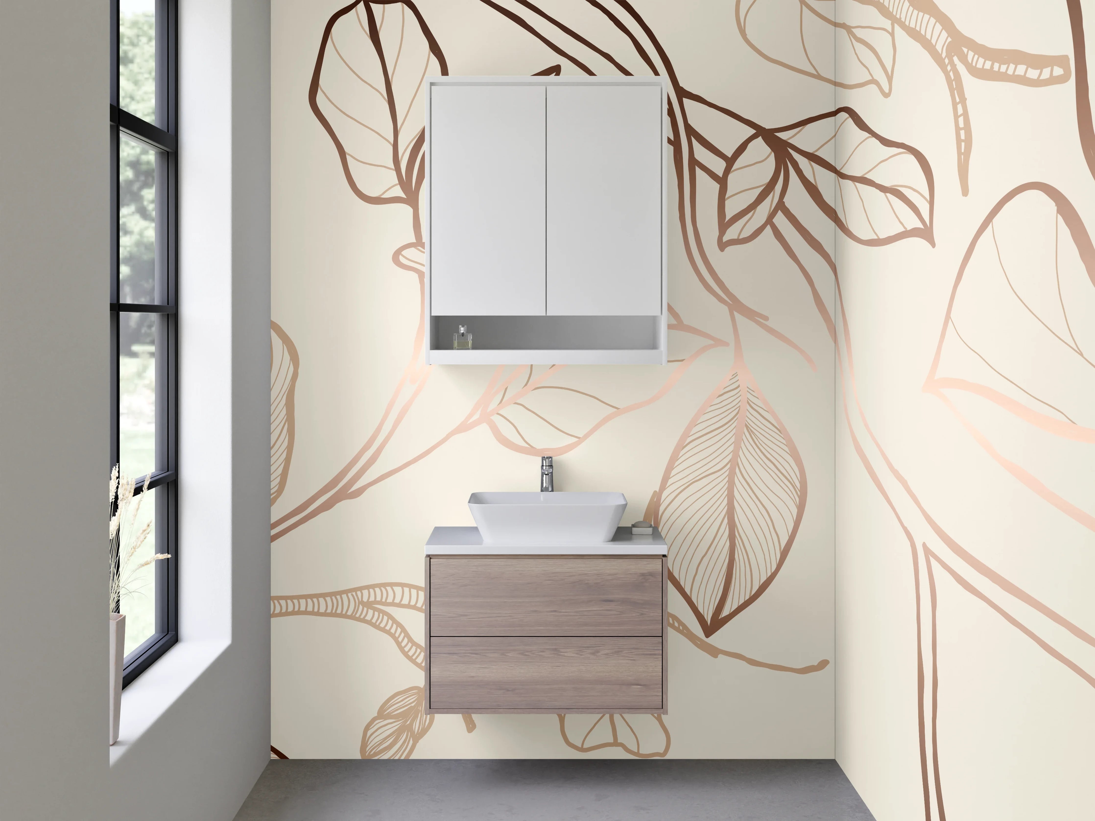 Waschbecken-Rückwand - Lineart Magnolie Blüten Beige Braun