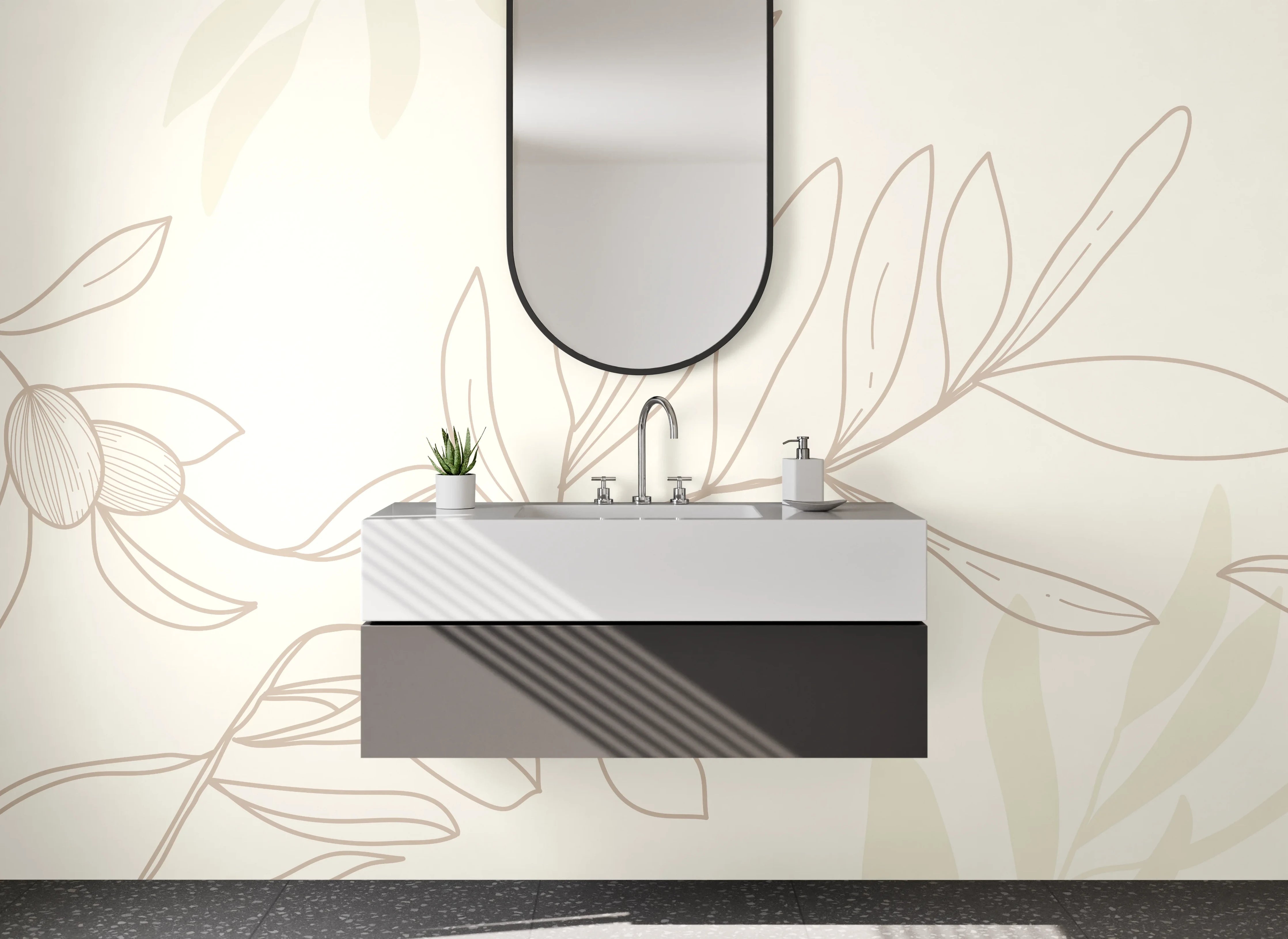 Waschbecken-Rückwand - Lineart Olivenzweige auf Beige