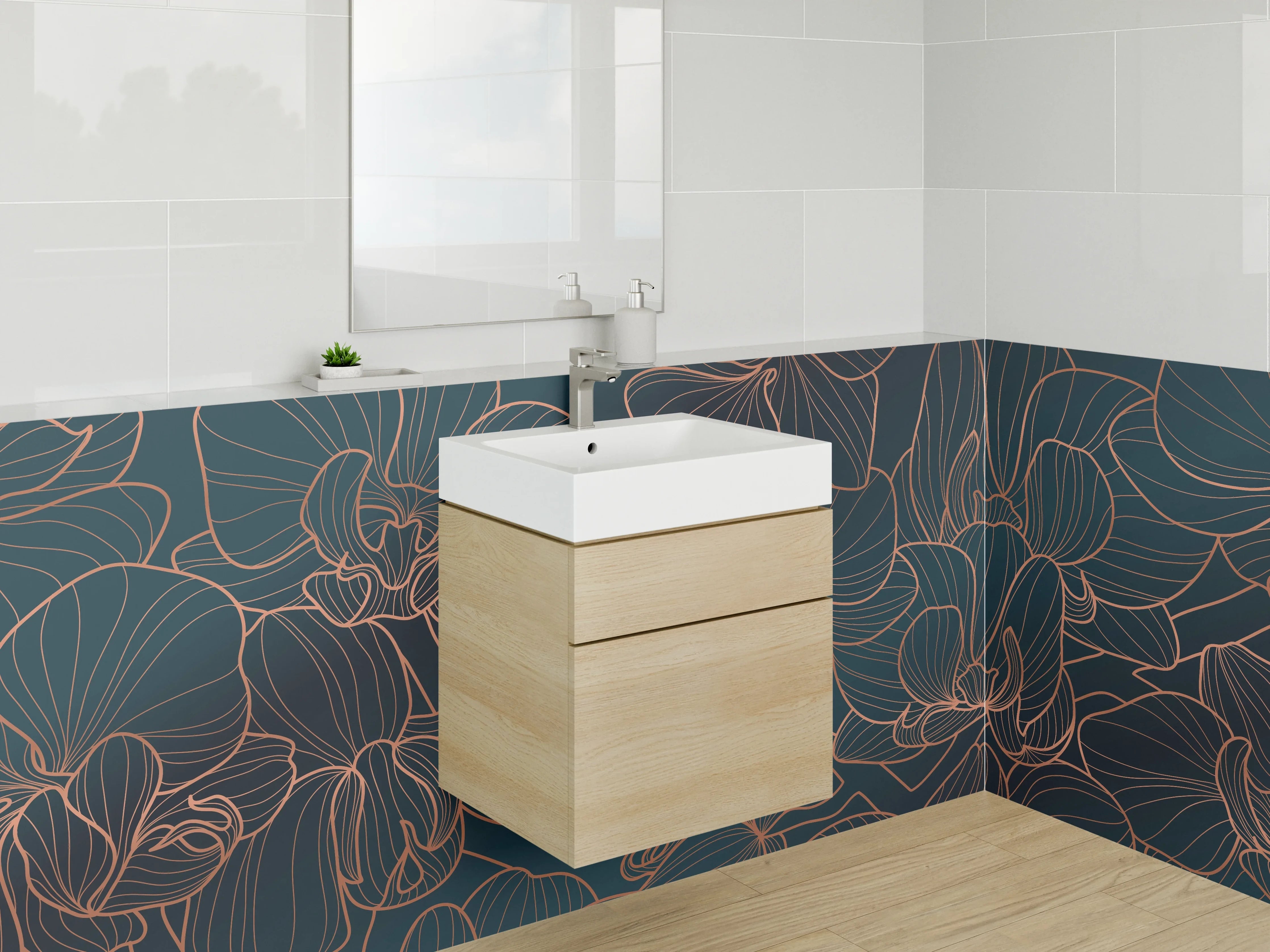 Waschbecken-Rückwand - Lineart-Orchideen in Gold auf Dunkelgrün