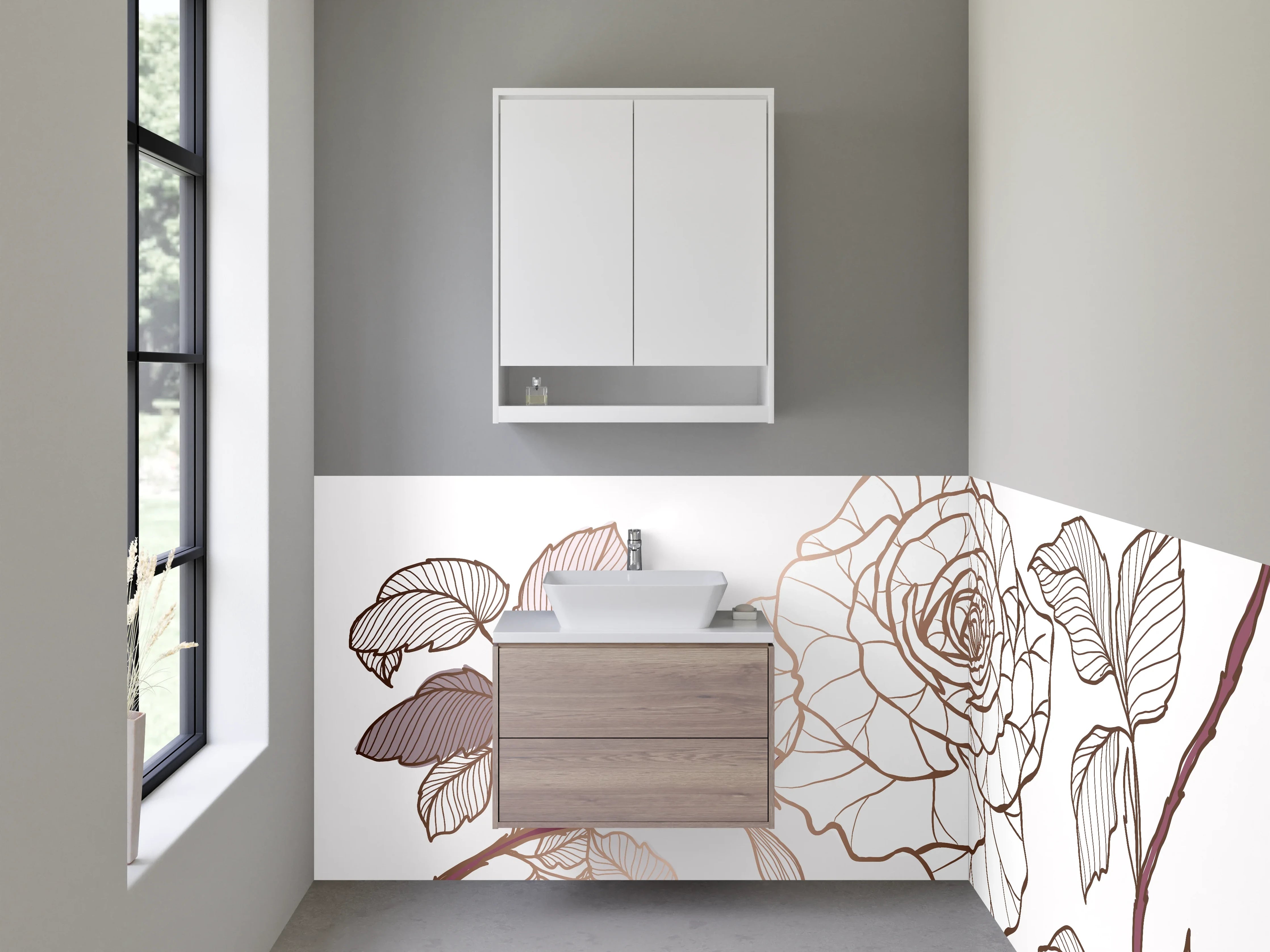 Waschbecken-Rückwand - Lineart Rose Beige Braun Illustration