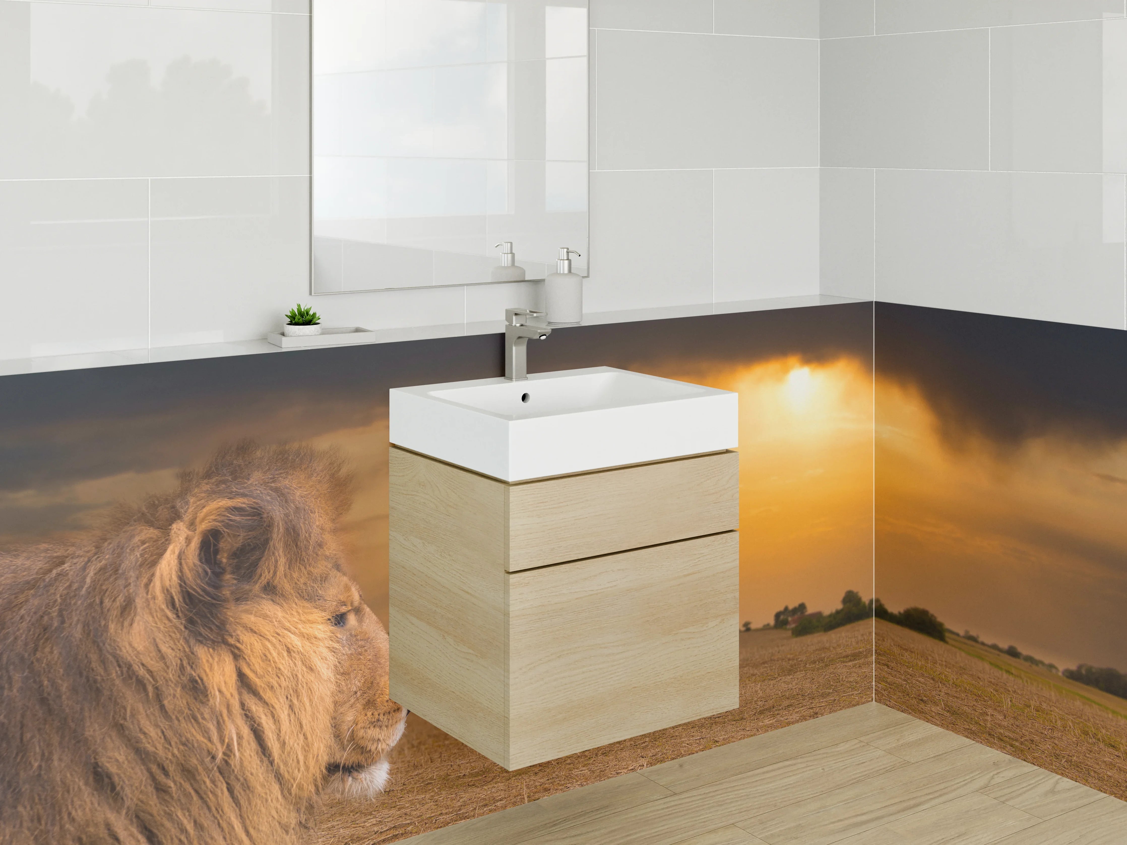 Waschbecken-Rückwand - Löwe in der Savanne bei Sonnenuntergang