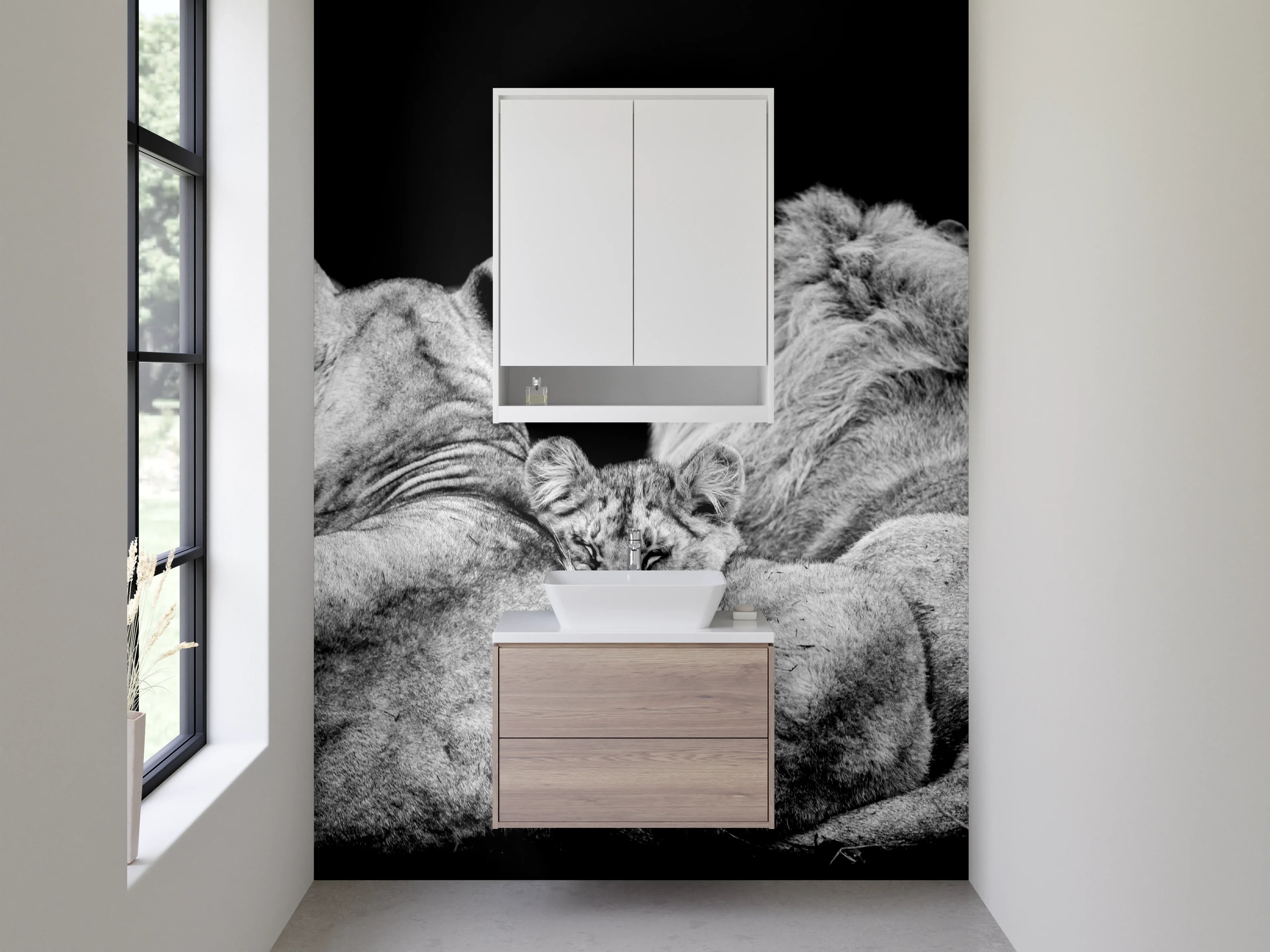 Waschbecken-Rückwand - Löwenfamilie Schwarz-Weiß Kunstfoto