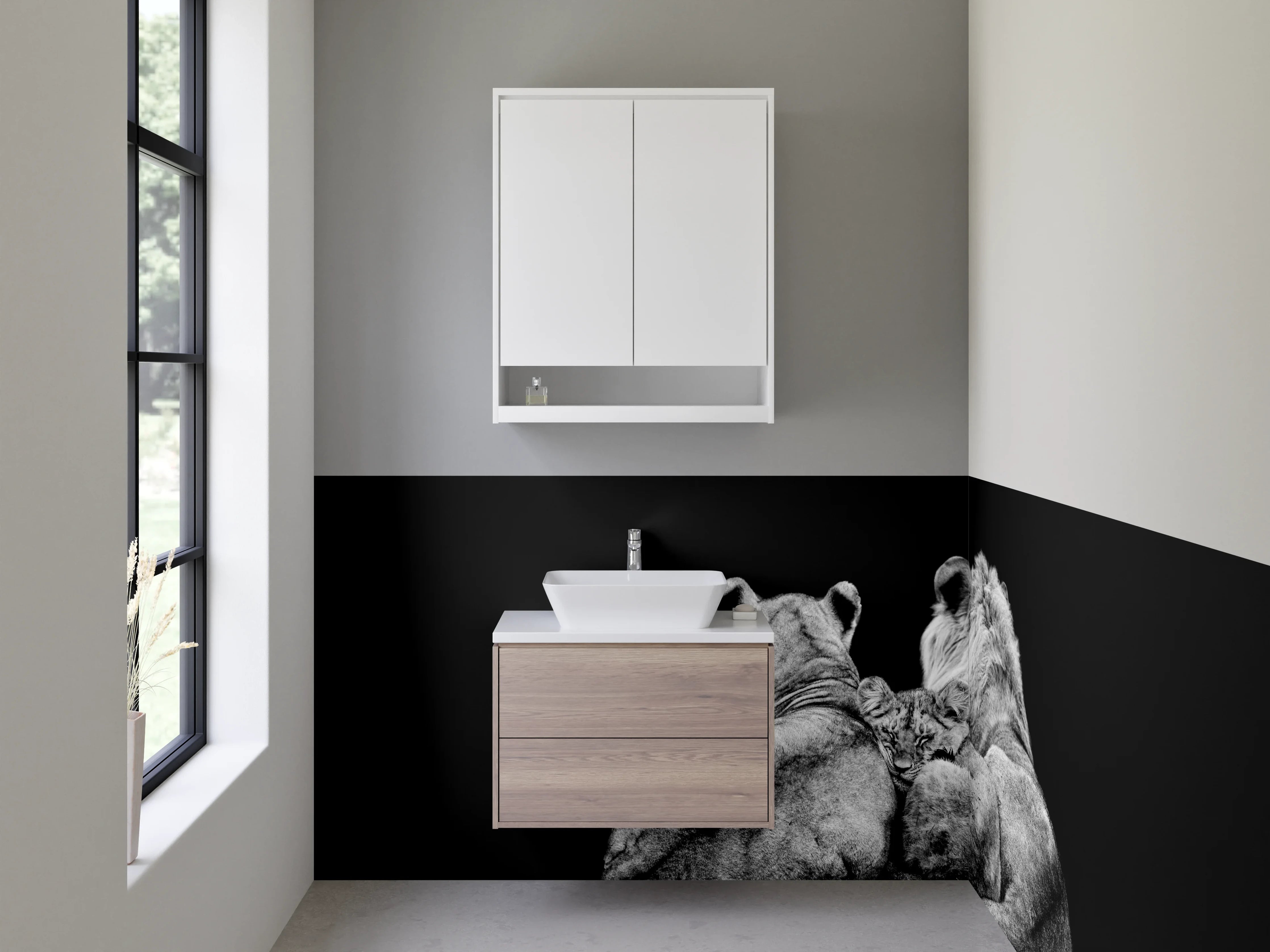 Waschbecken-Rückwand - Löwenfamilie Schwarz-Weiß Kunstfoto