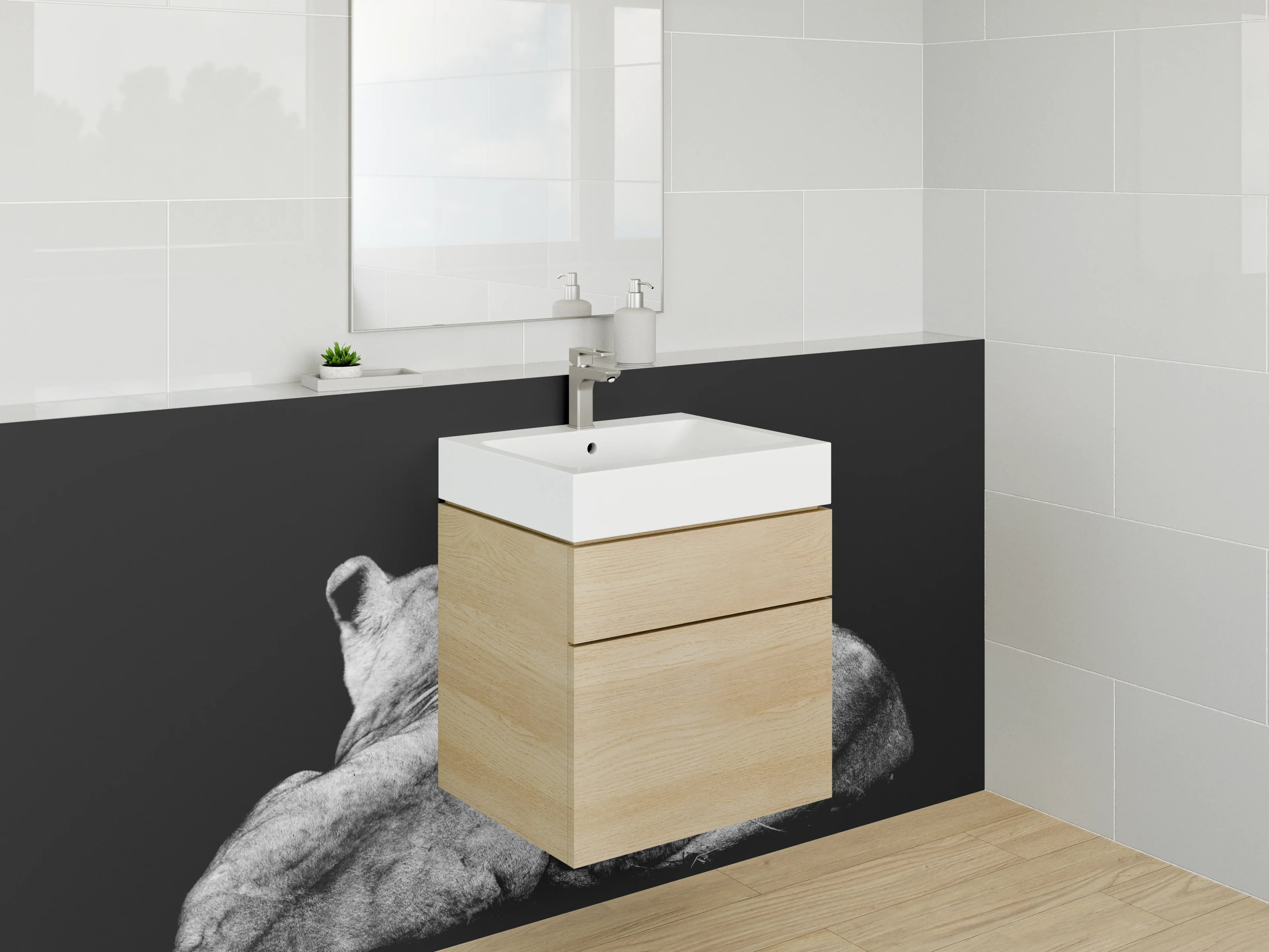 Waschbecken-Rückwand - Löwenfamilie Schwarz-Weiß Kunstfoto