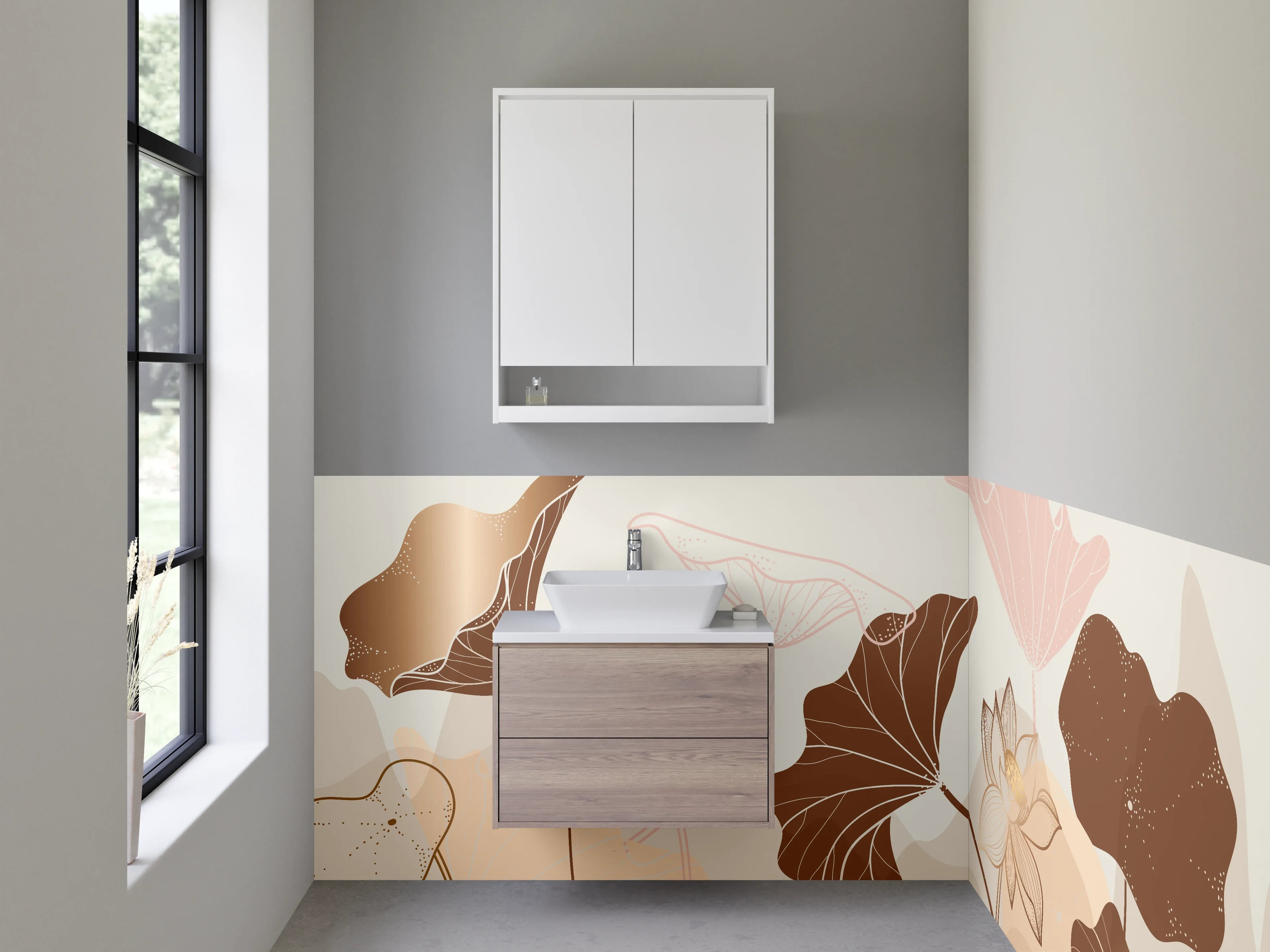 Waschbecken-Rückwand - Lotus Blumen Lineart Beige Braun