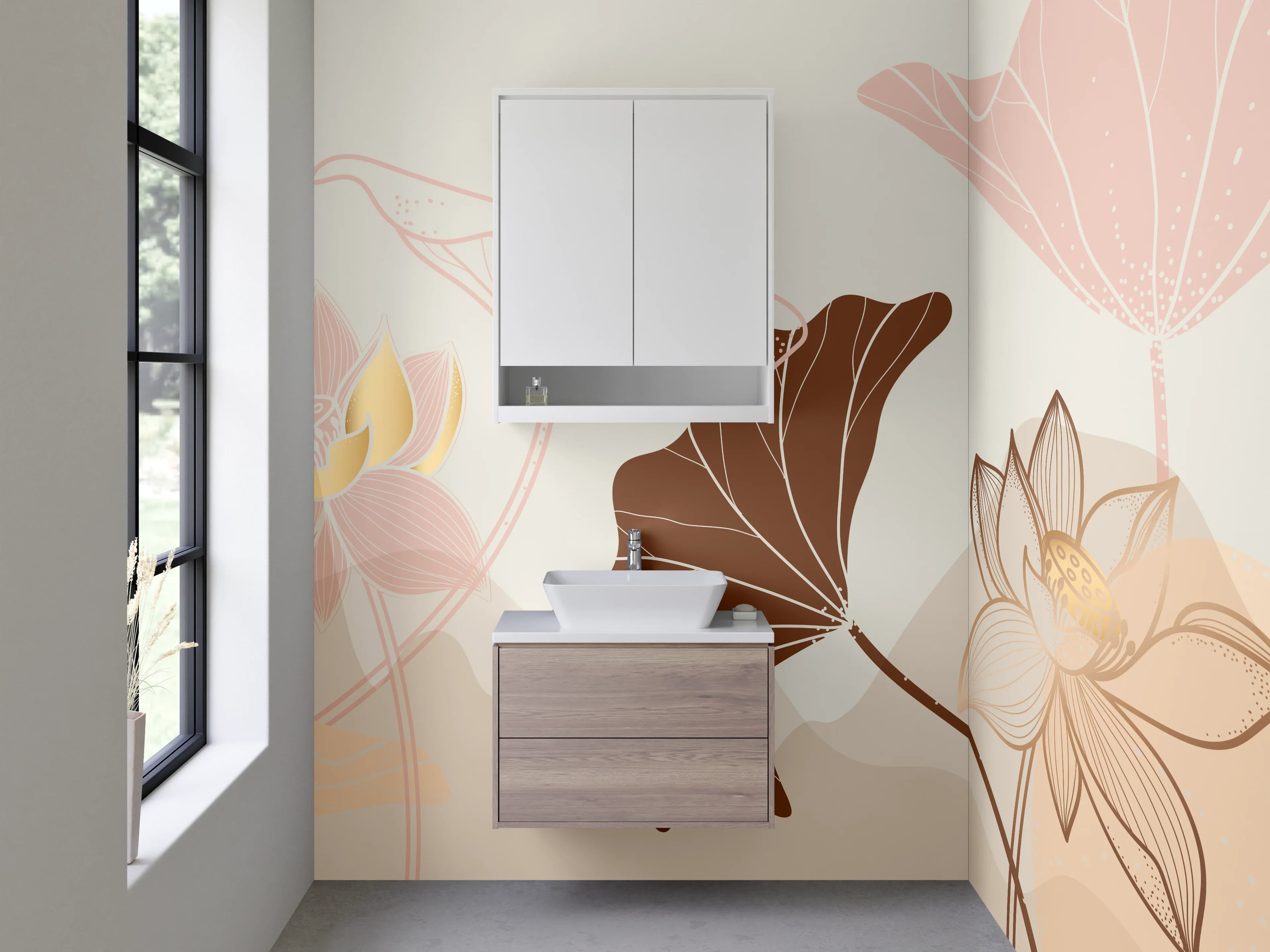 Waschbecken-Rückwand - Lotus Blumen Lineart Beige Braun