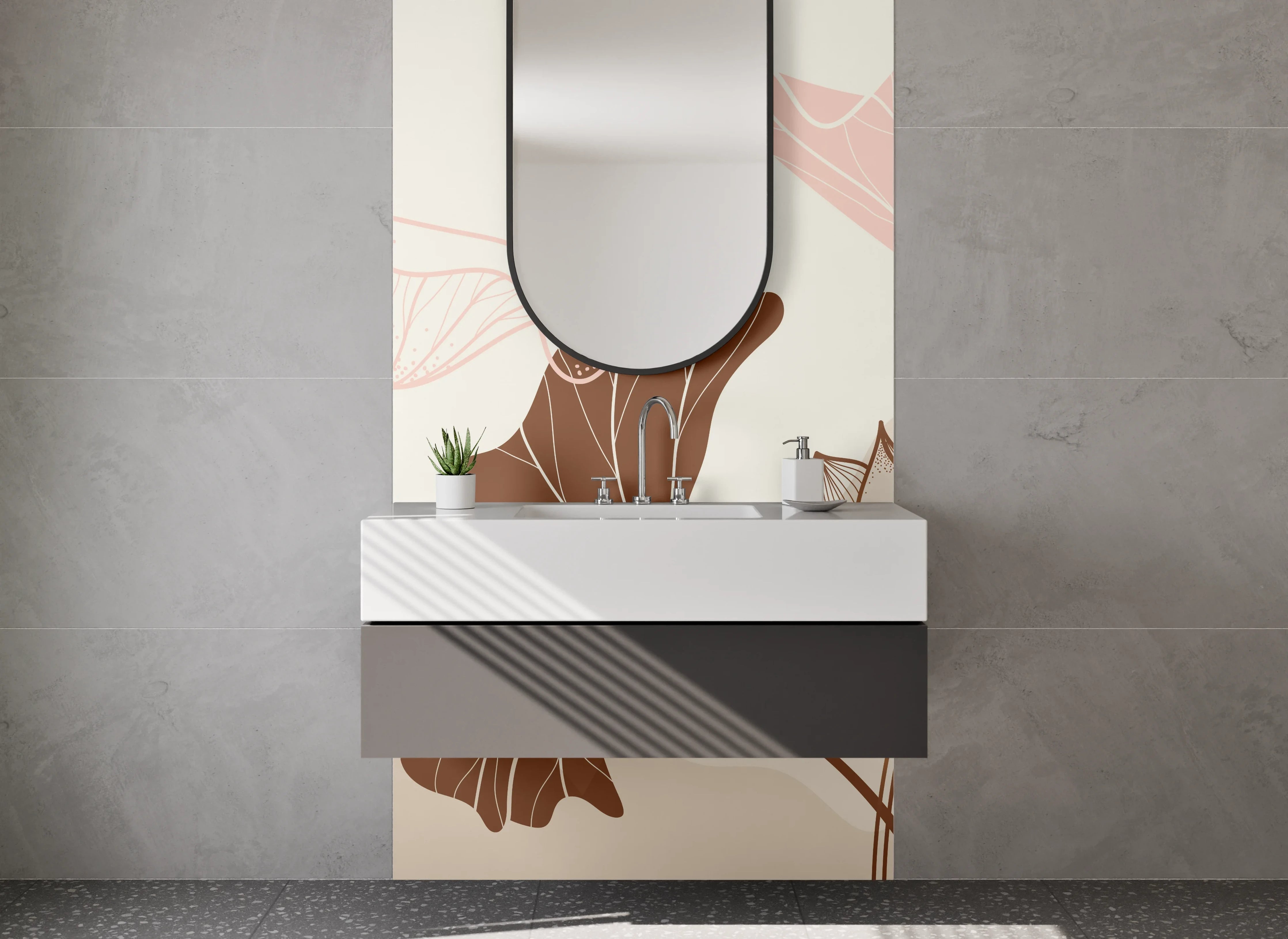 Waschbecken-Rückwand - Lotus Blumen Lineart Beige Braun