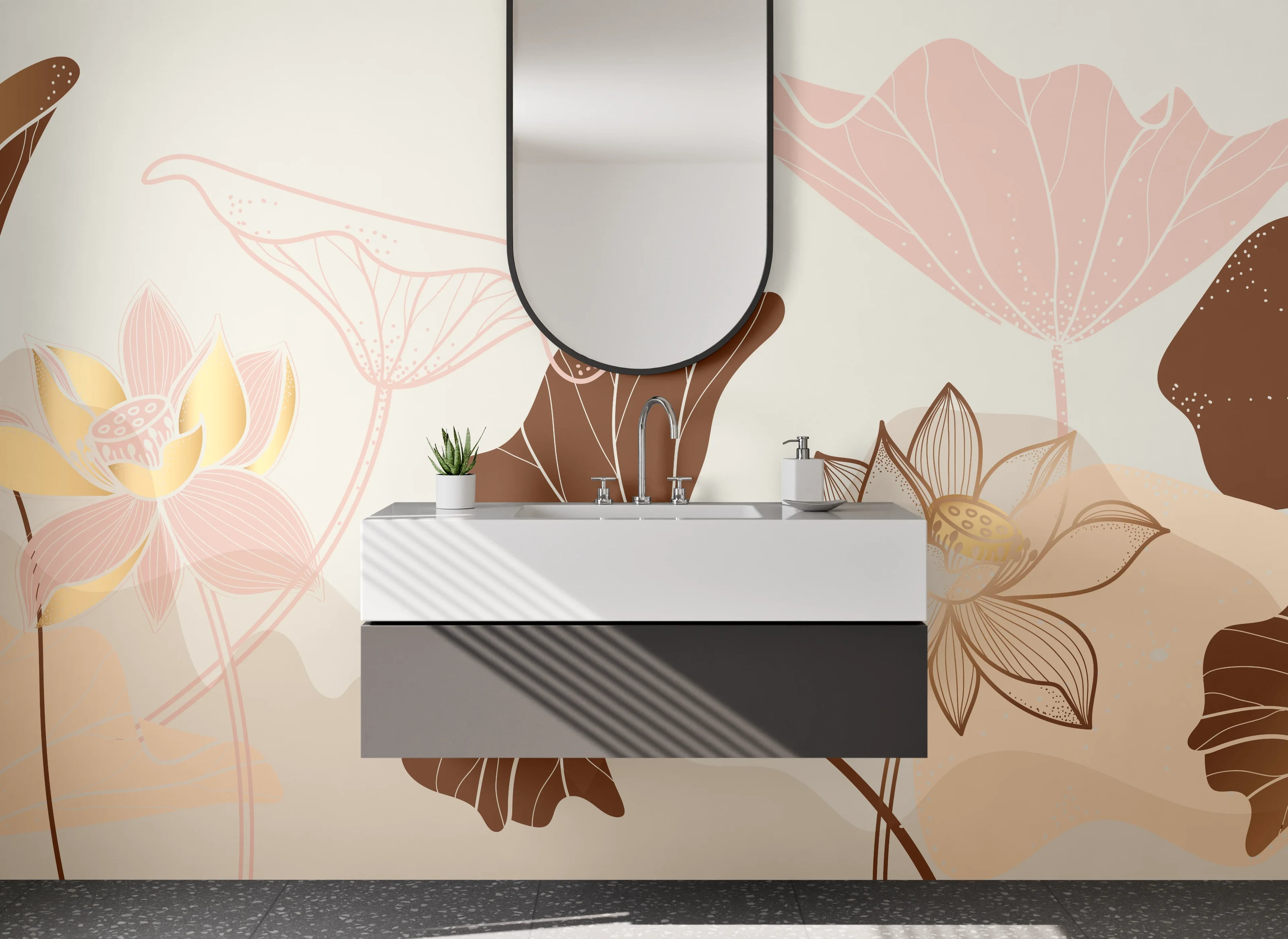 Waschbecken-Rückwand - Lotus Blumen Lineart Beige Braun
