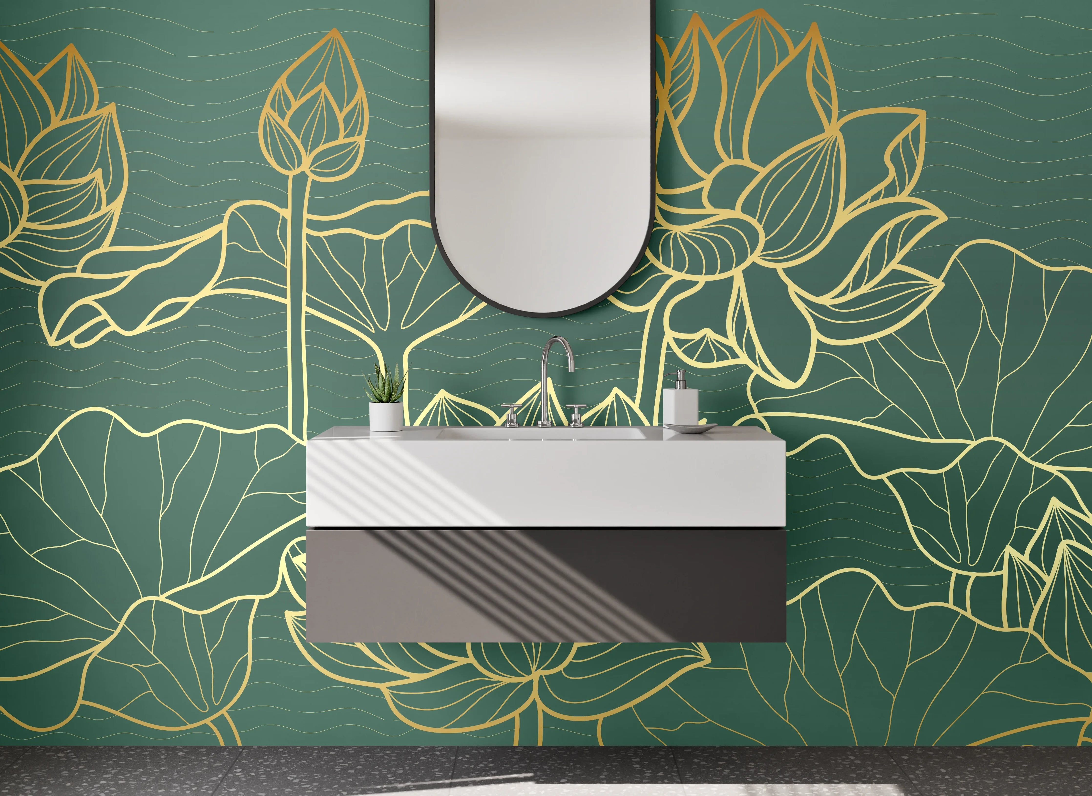 Waschbecken-Rückwand - Lotus Lineart Design Grün-Gold