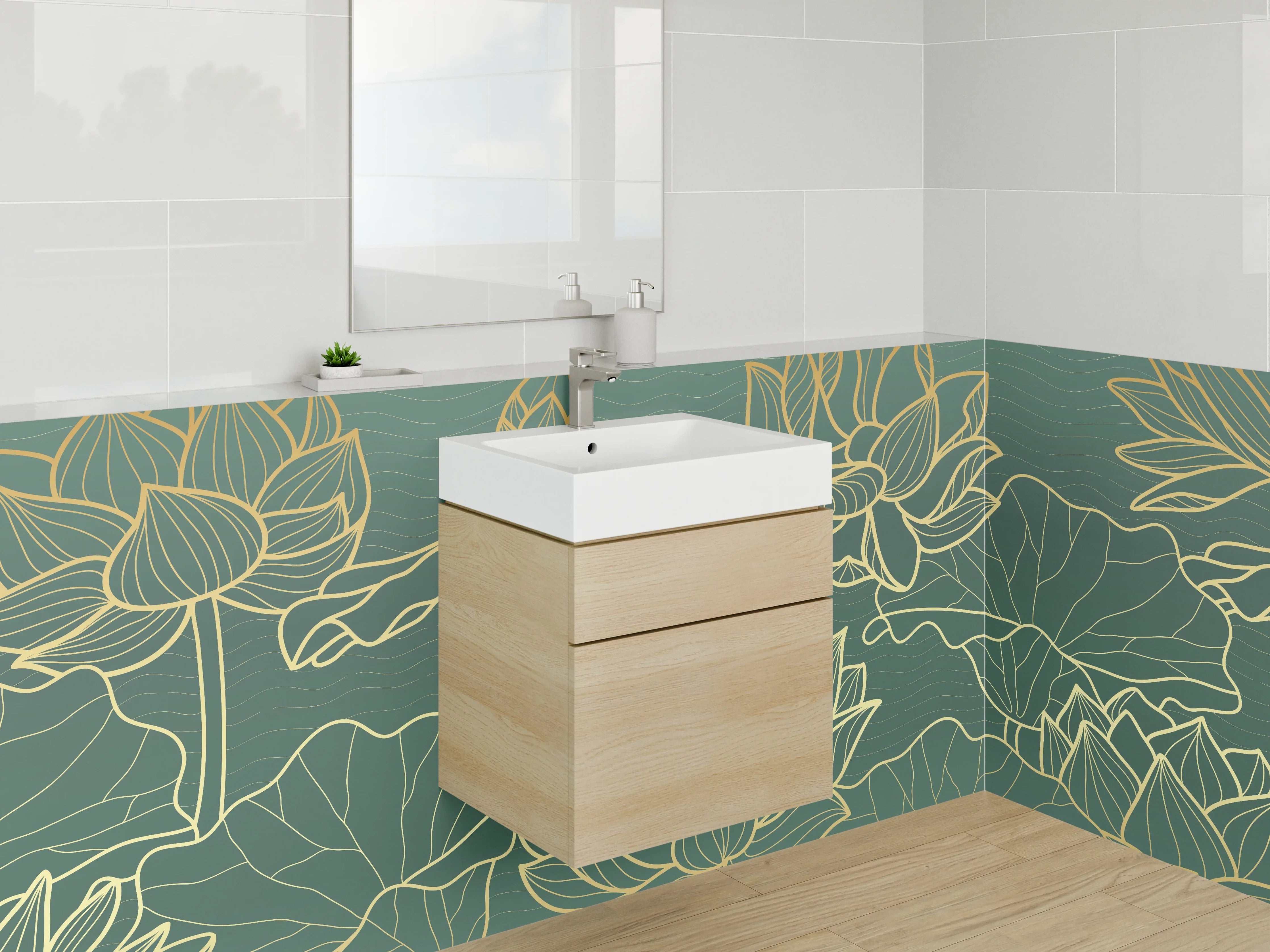 Waschbecken-Rückwand - Lotus Lineart Design Grün-Gold