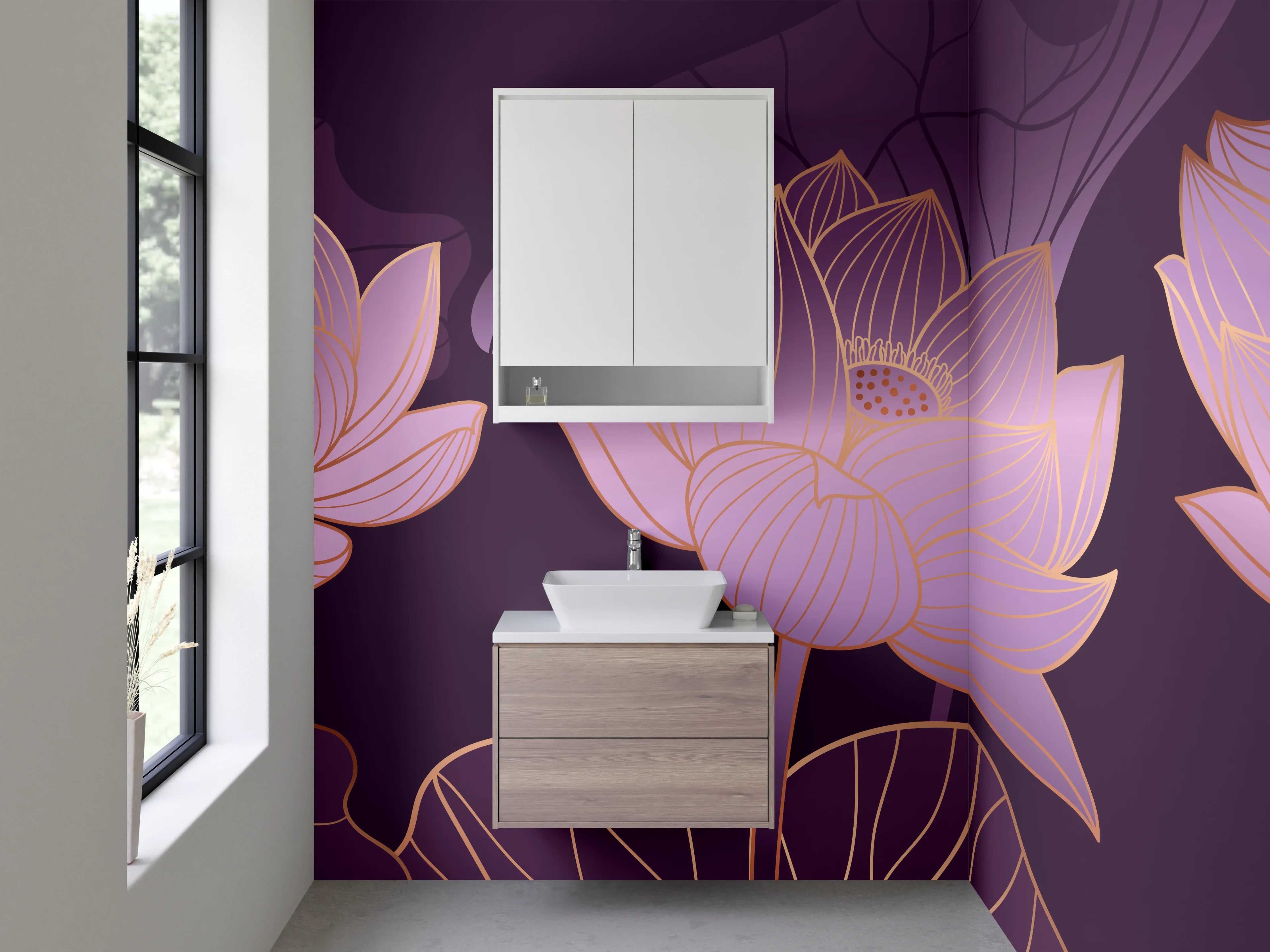 Waschbecken-Rückwand - Lotusblüten Aquarell Goldlinien Eleganz