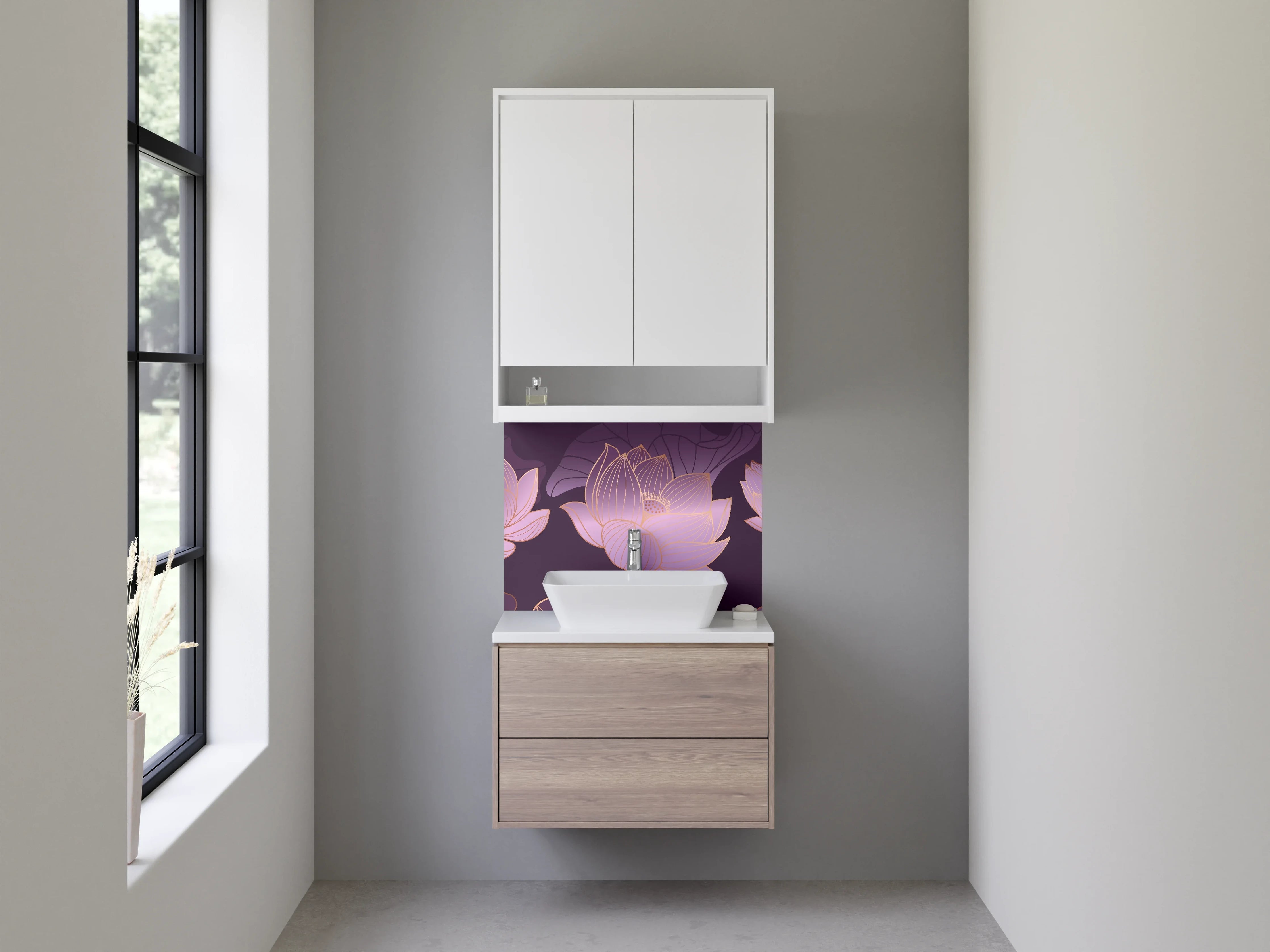 Waschbecken-Rückwand - Lotusblüten Aquarell Goldlinien Eleganz