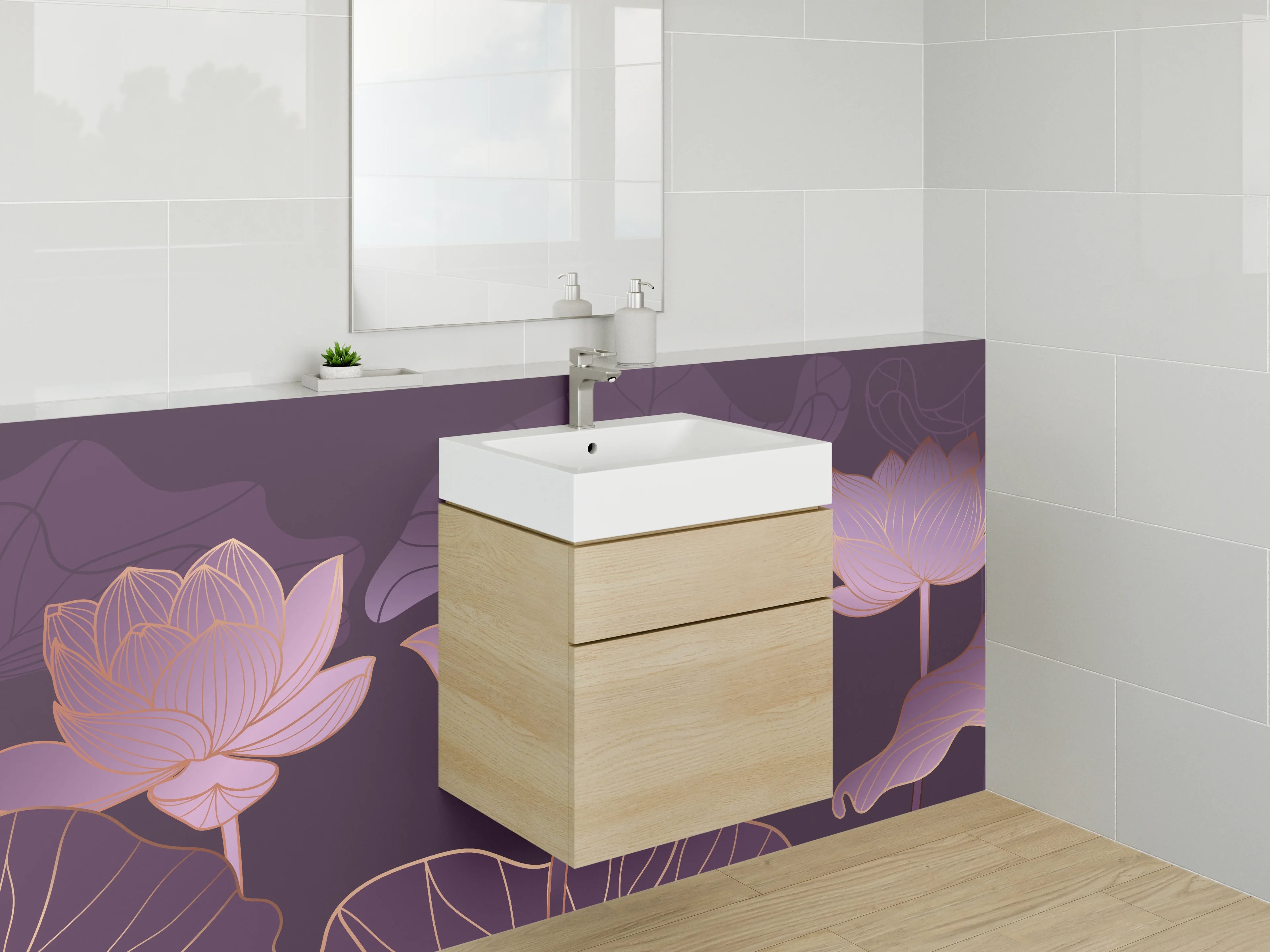 Waschbecken-Rückwand - Lotusblüten Aquarell Goldlinien Eleganz