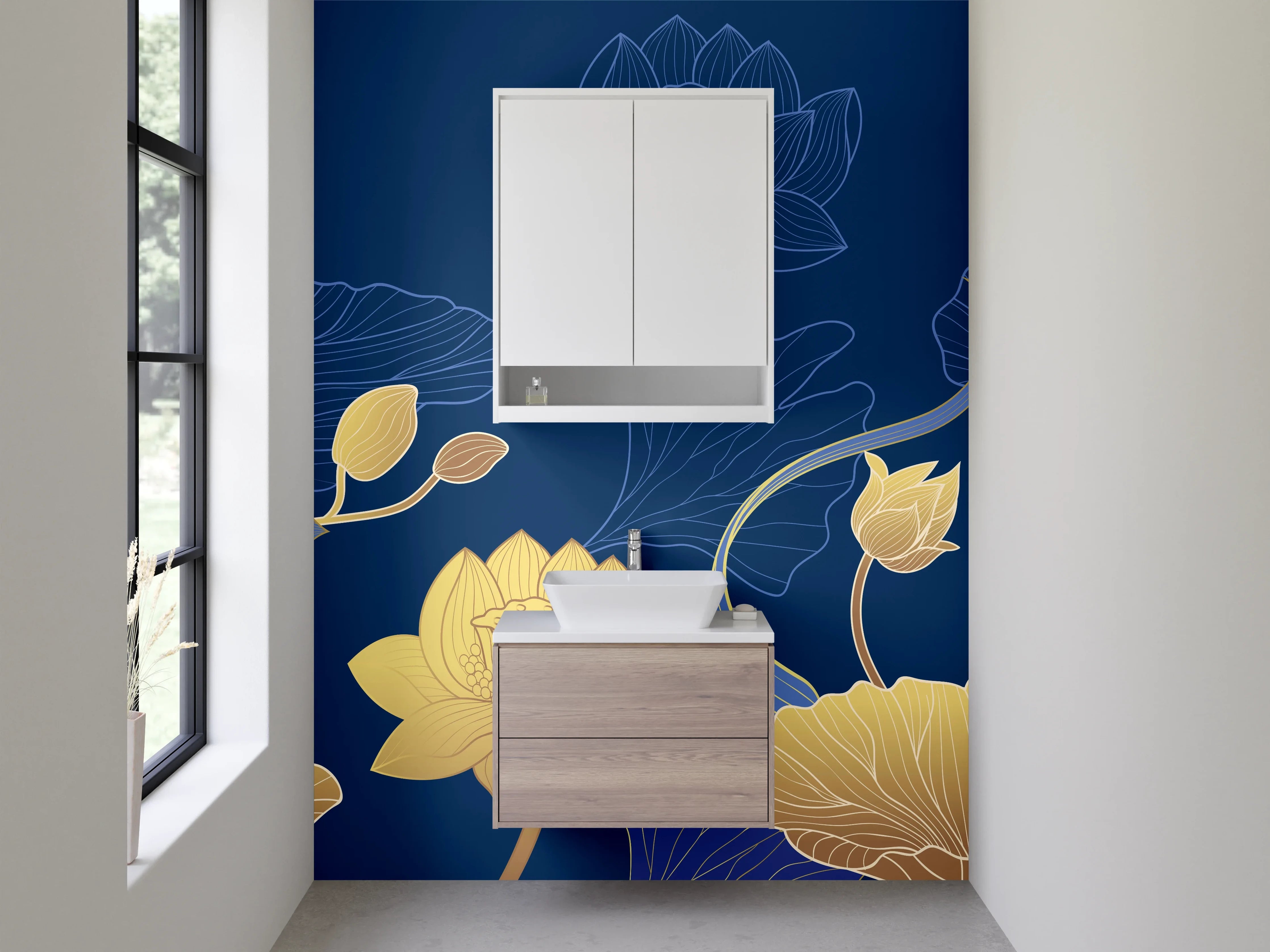 Waschbecken-Rückwand - Lotusblüten Gold Blau Modern