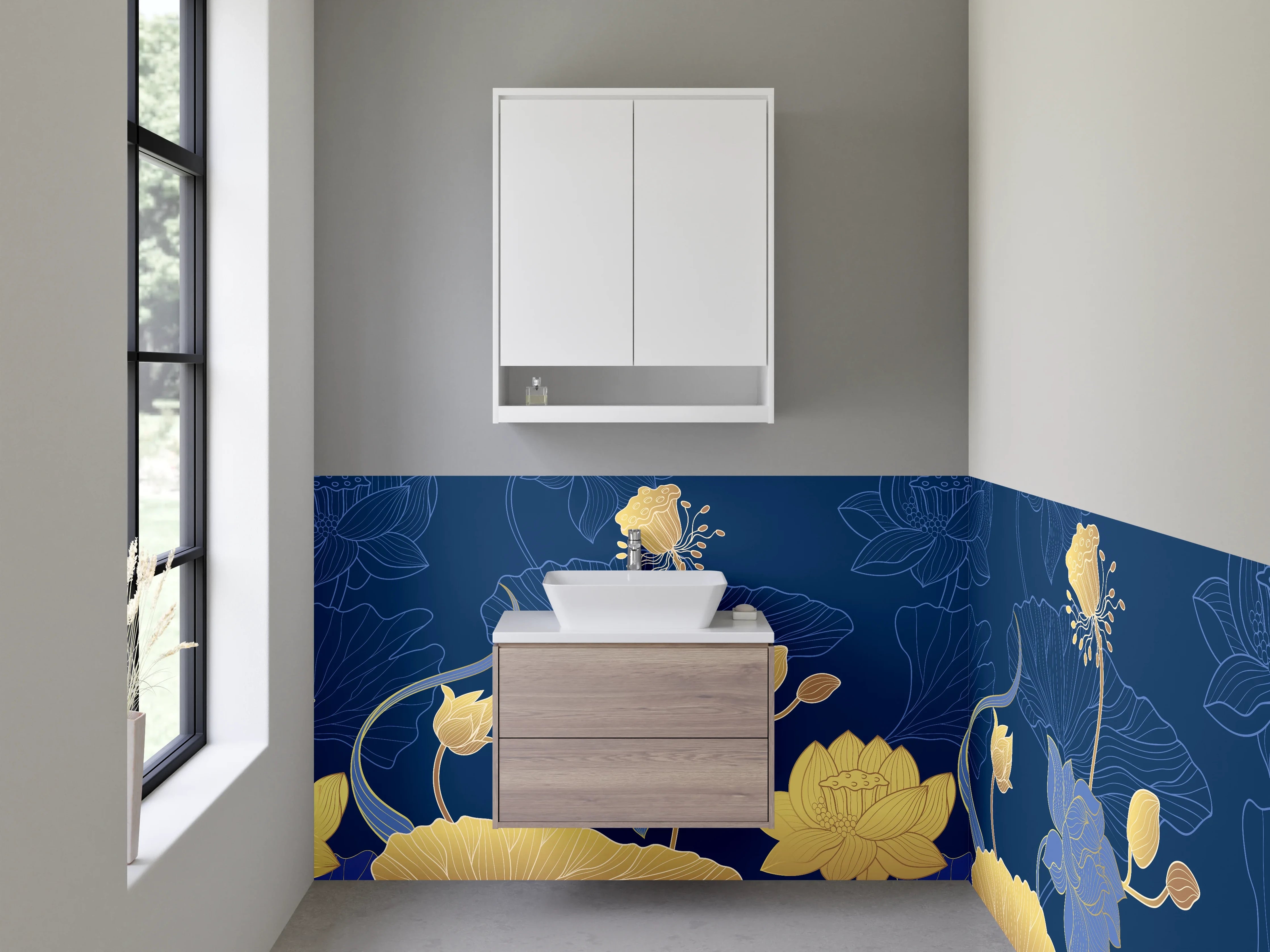 Waschbecken-Rückwand - Lotusblüten Gold Blau Modern