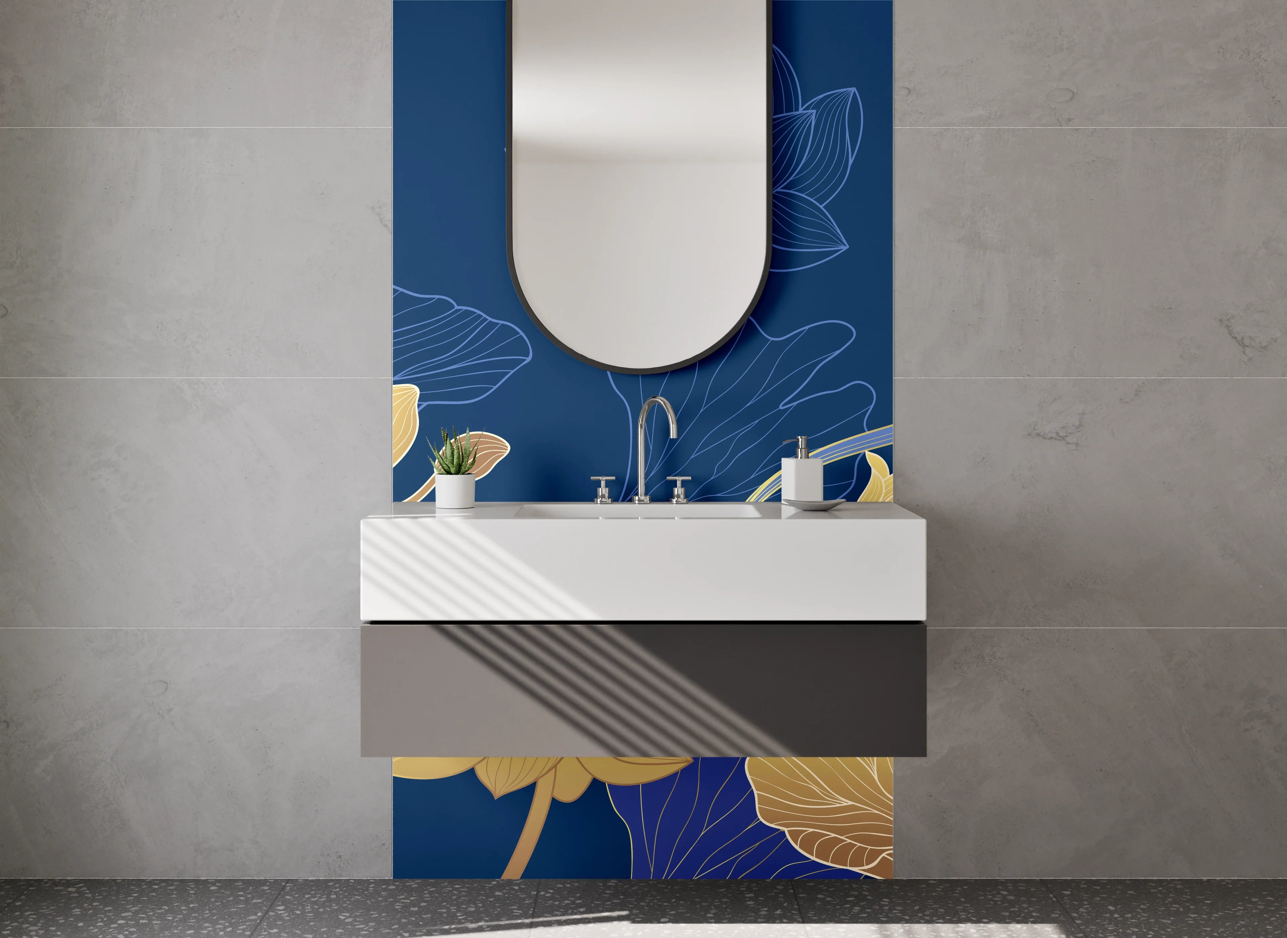 Waschbecken-Rückwand - Lotusblüten Gold Blau Modern