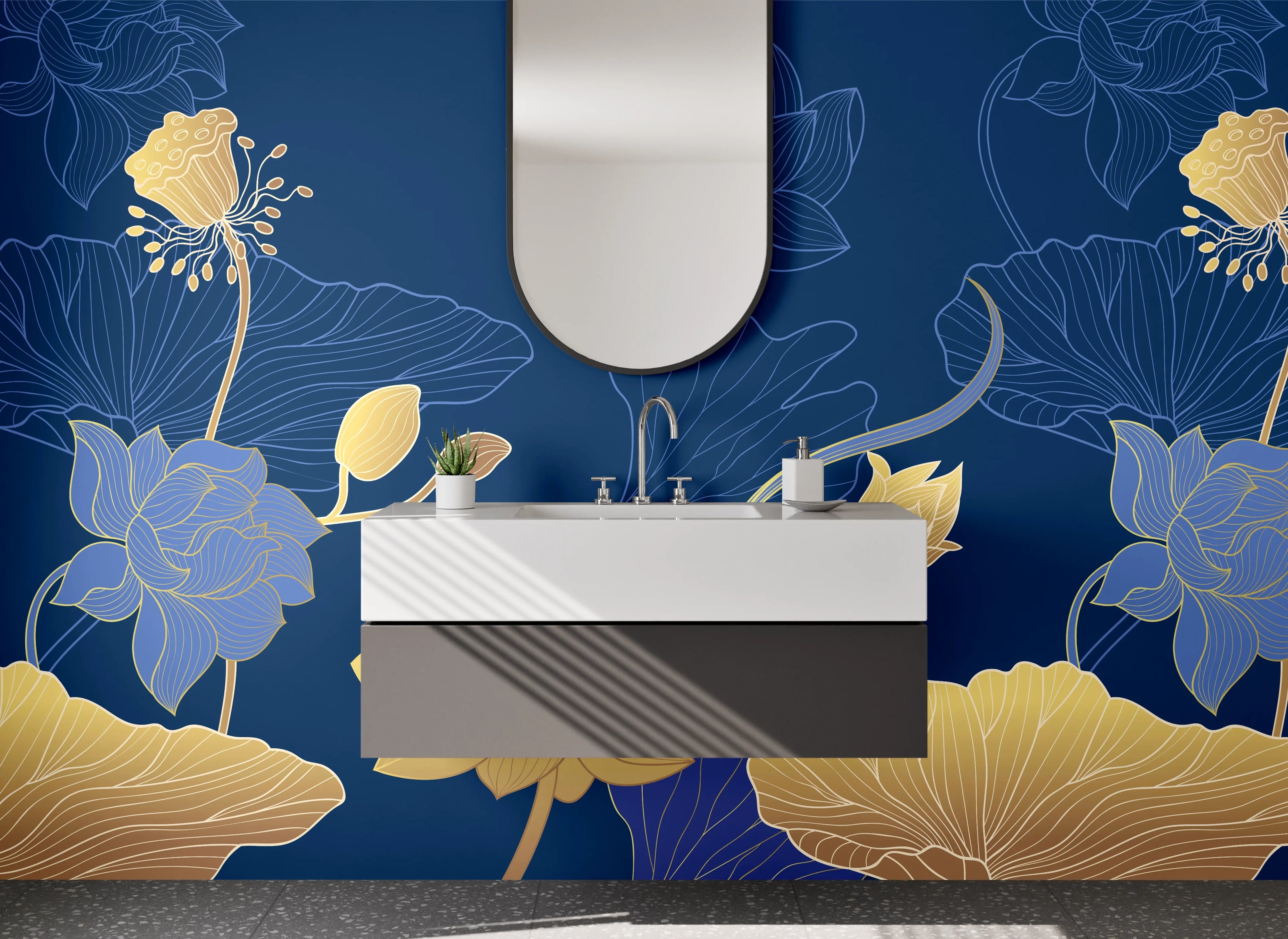 Waschbecken-Rückwand - Lotusblüten Gold Blau Modern