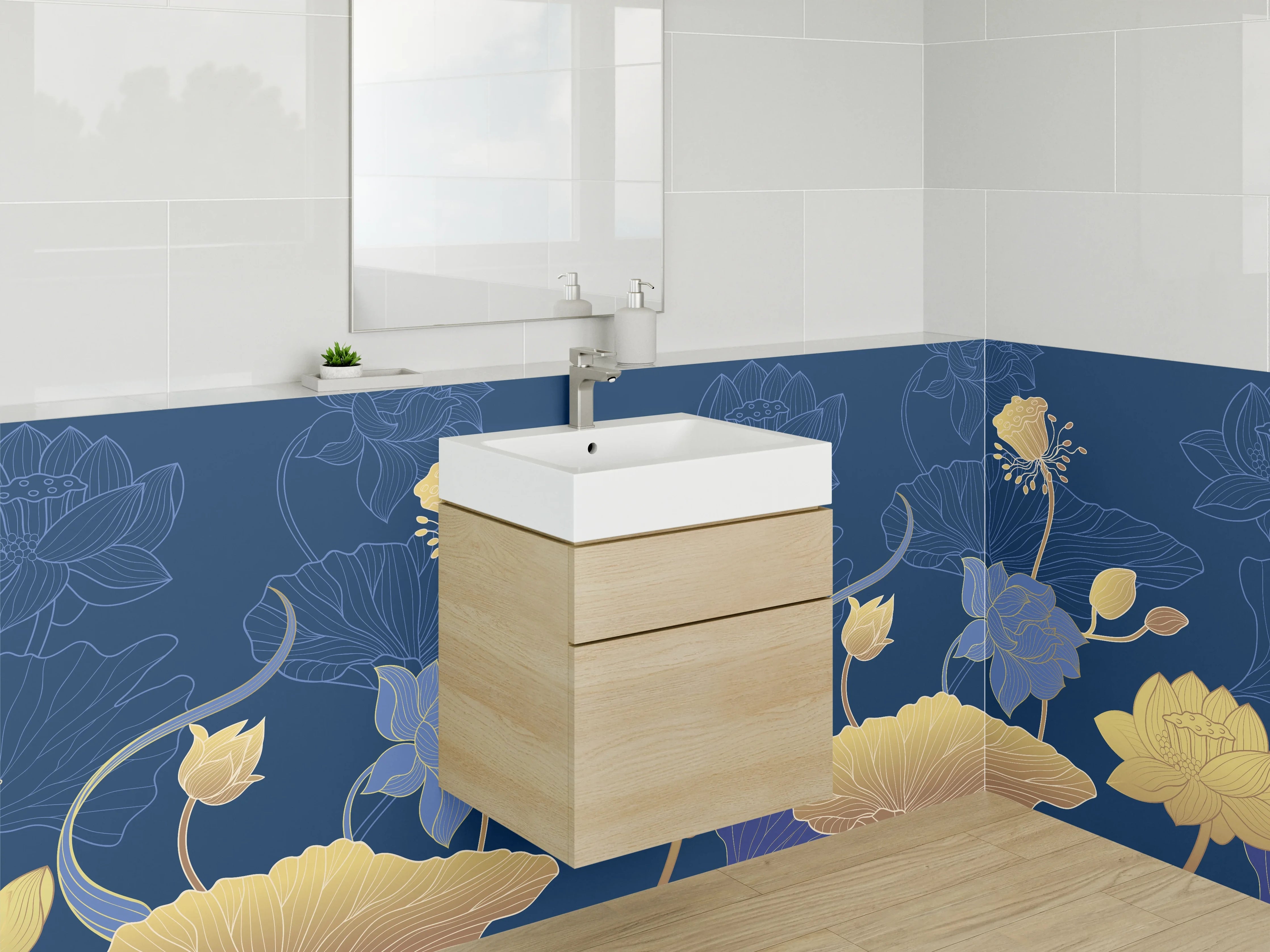 Waschbecken-Rückwand - Lotusblüten Gold Blau Modern