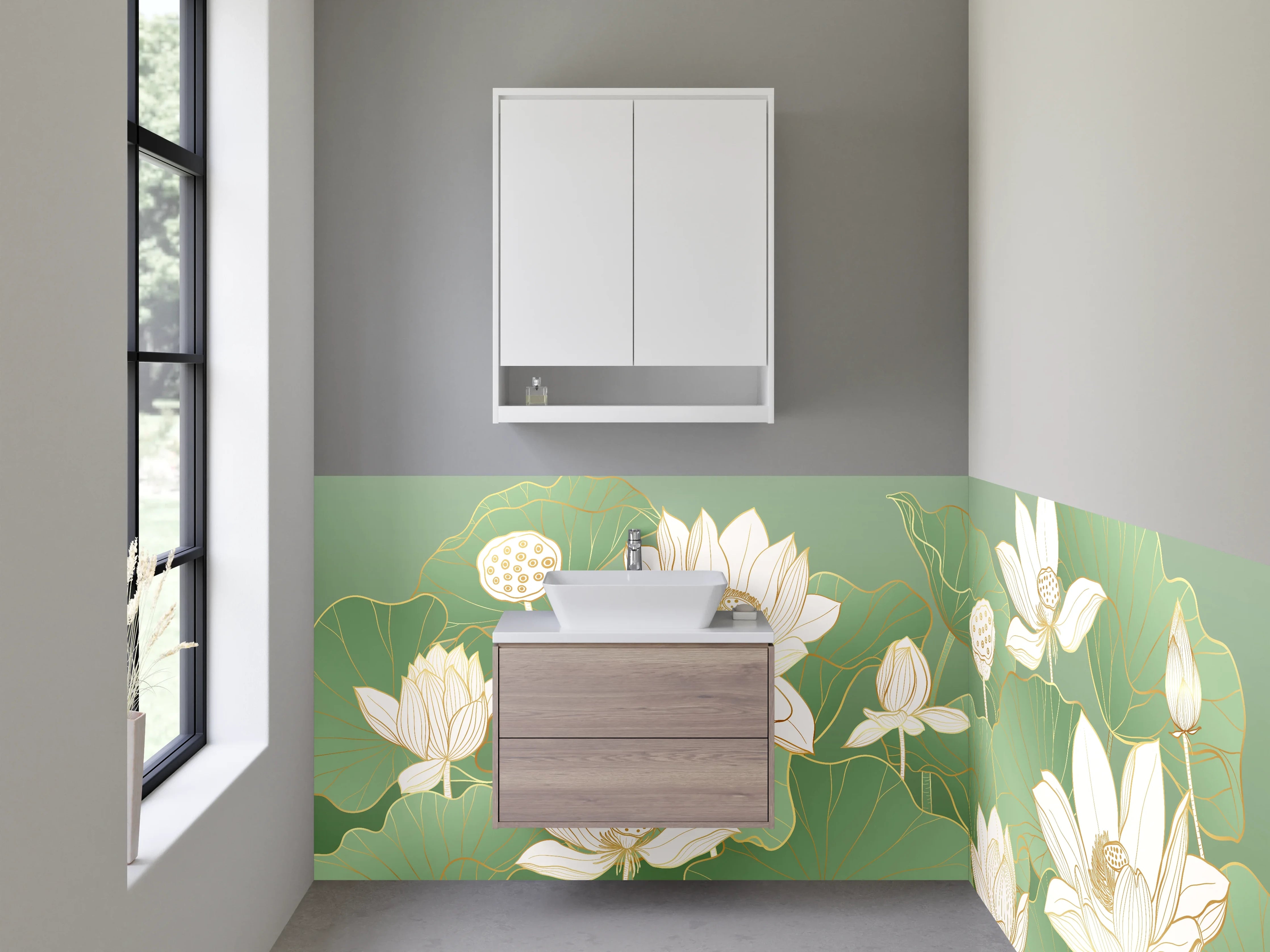 Waschbecken-Rückwand - Lotusblüten Illustration Grün Weiß