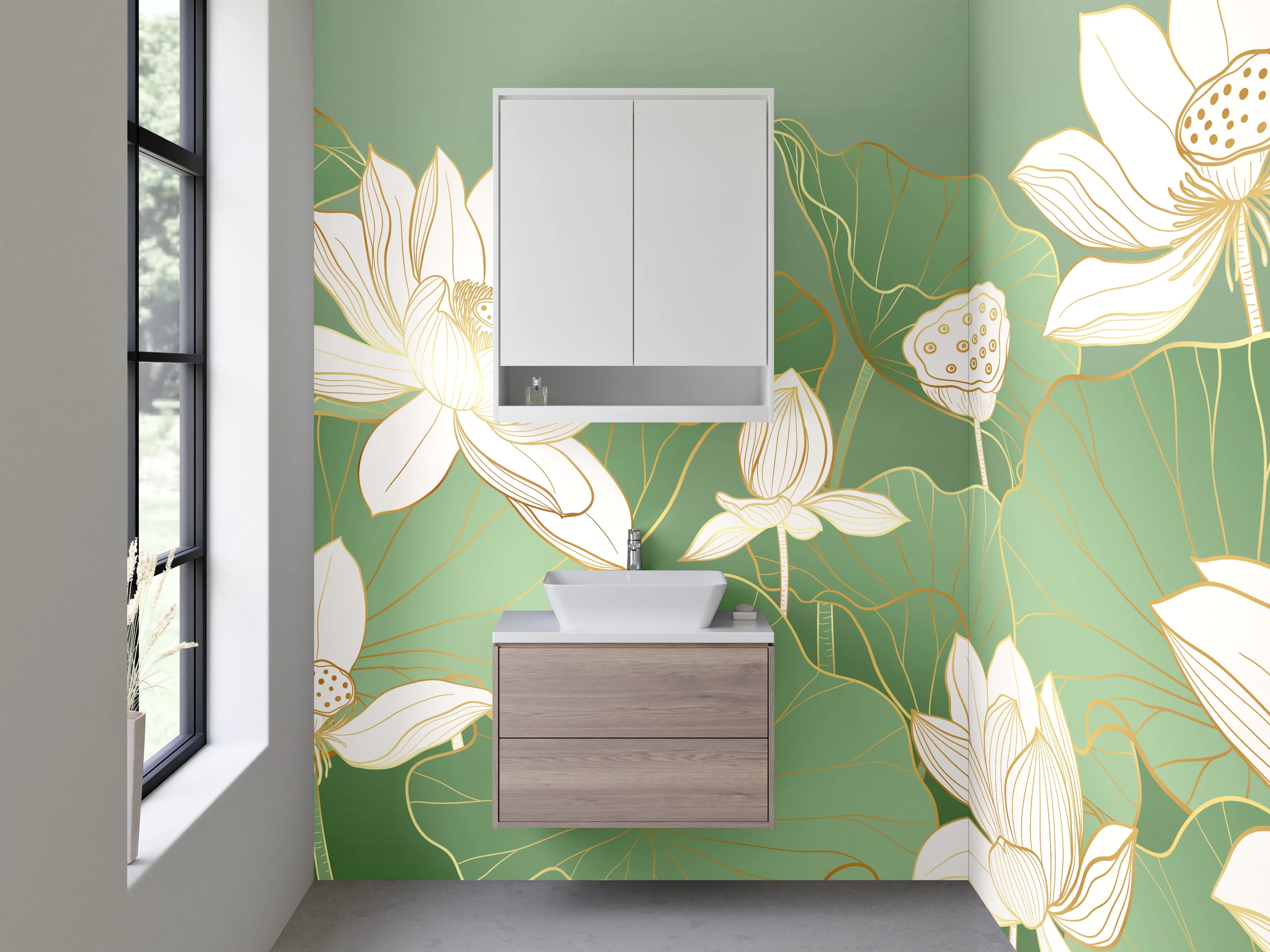 Waschbecken-Rückwand - Lotusblüten Illustration Grün Weiß