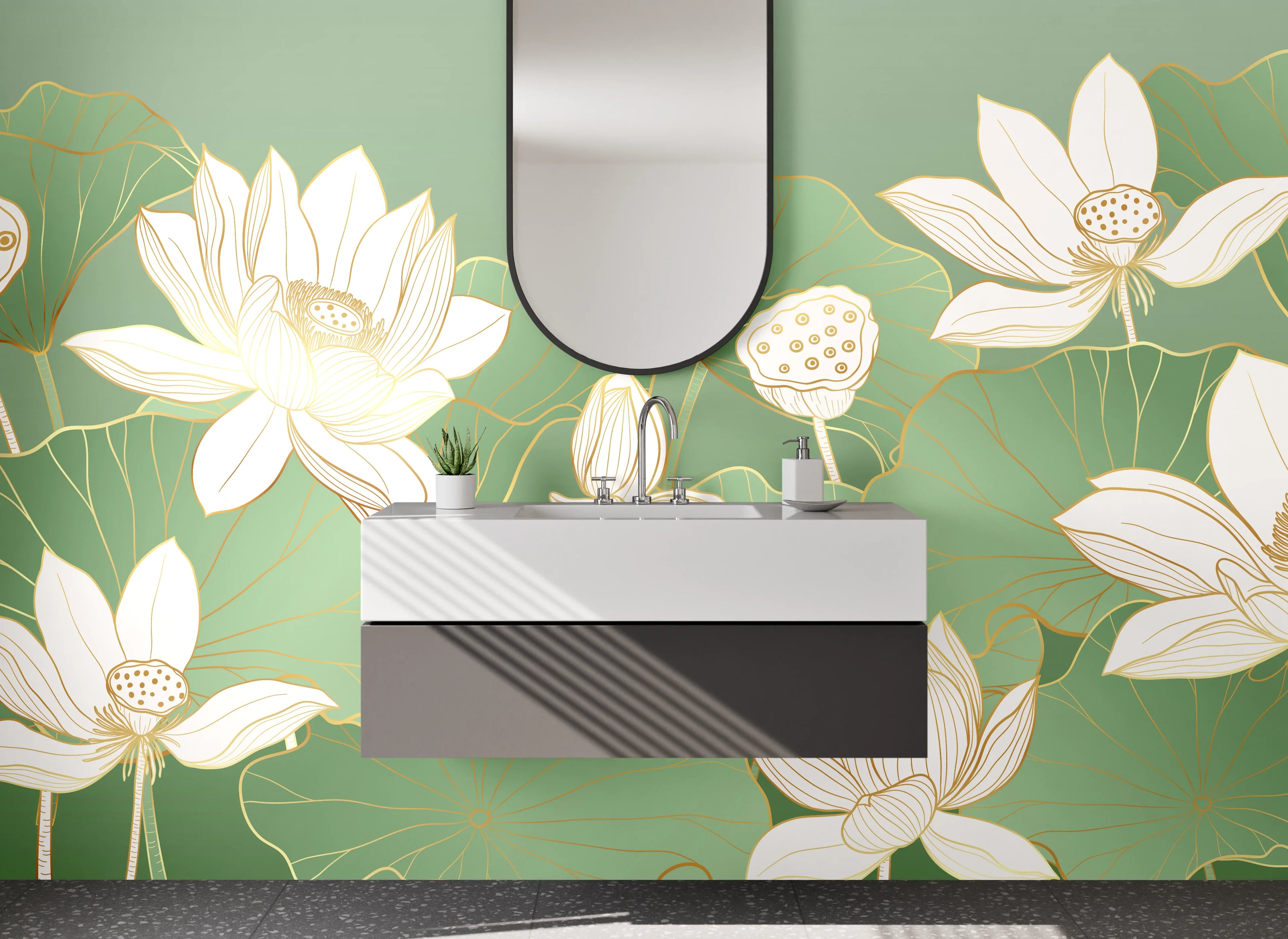 Waschbecken-Rückwand - Lotusblüten Illustration Grün Weiß