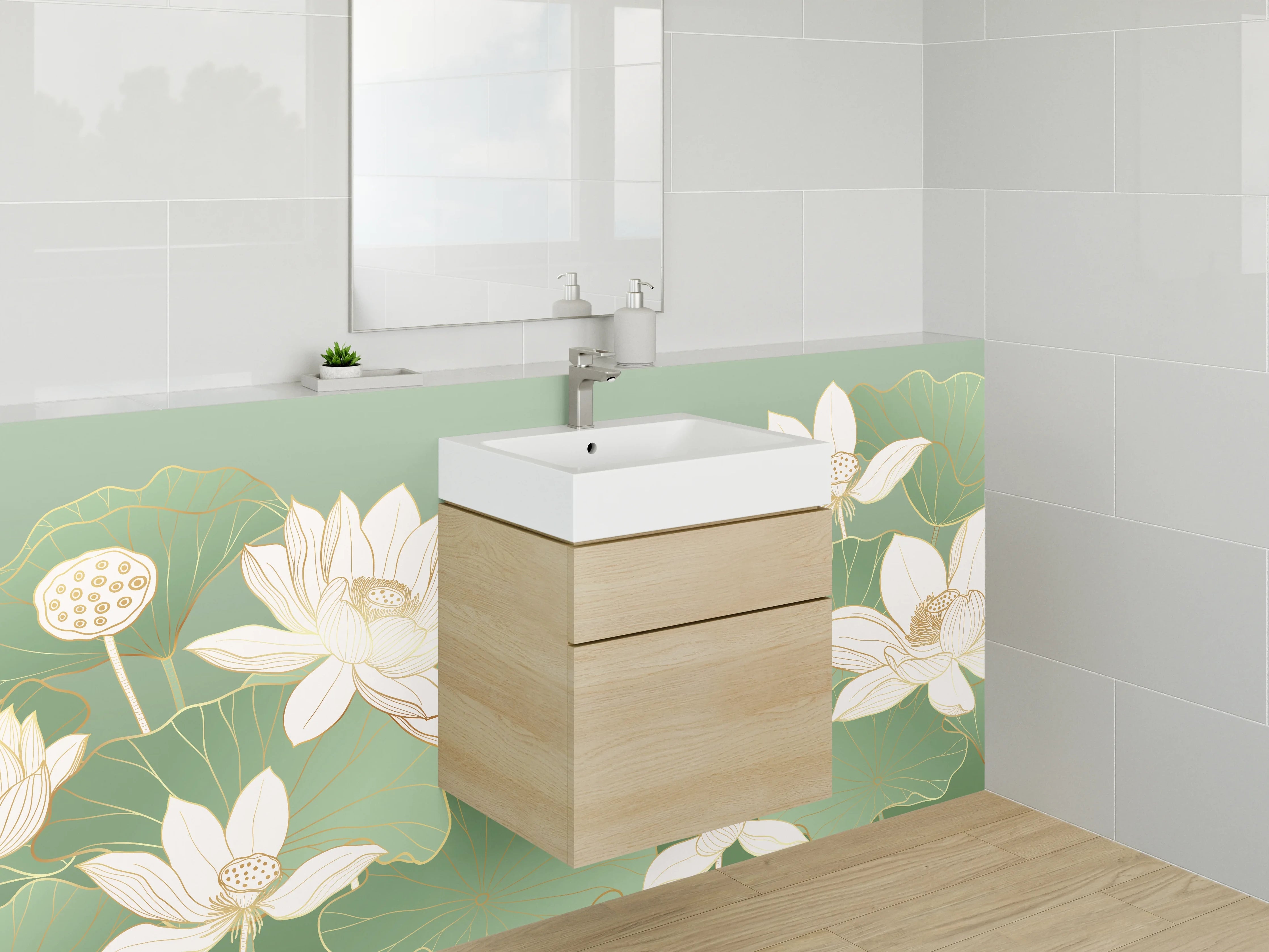 Waschbecken-Rückwand - Lotusblüten Illustration Grün Weiß