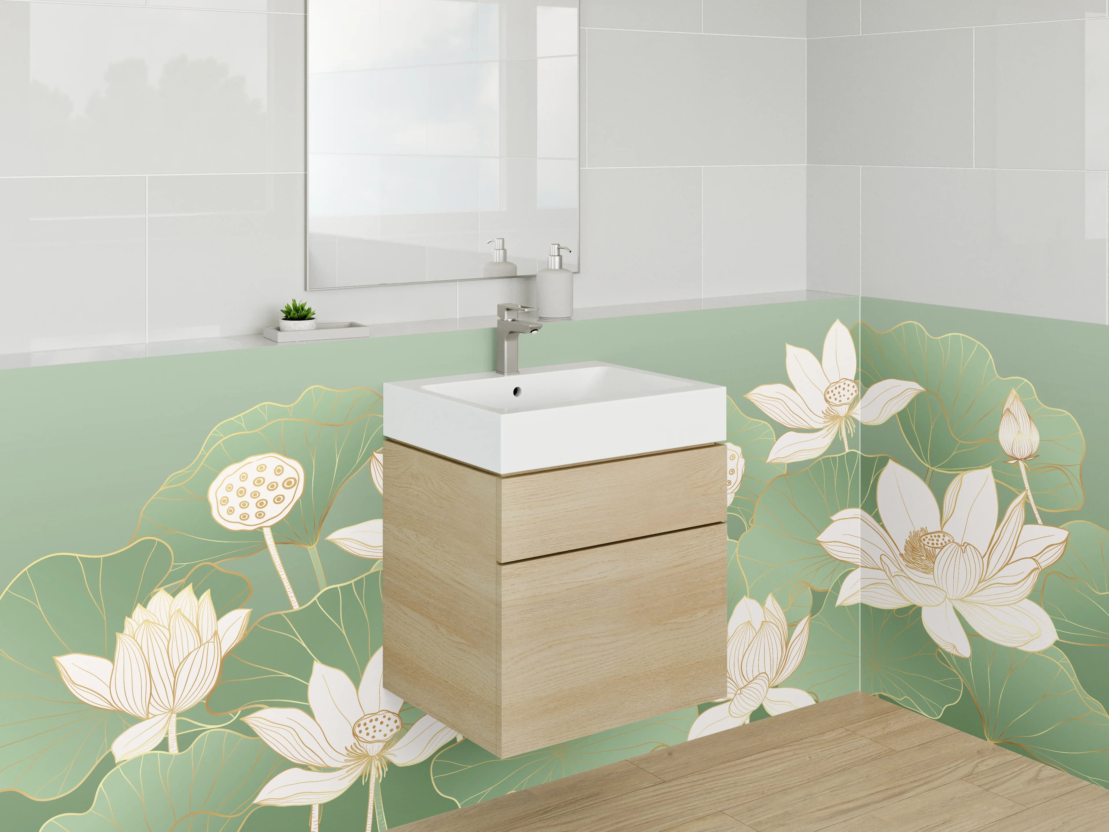 Waschbecken-Rückwand - Lotusblüten Illustration Grün Weiß