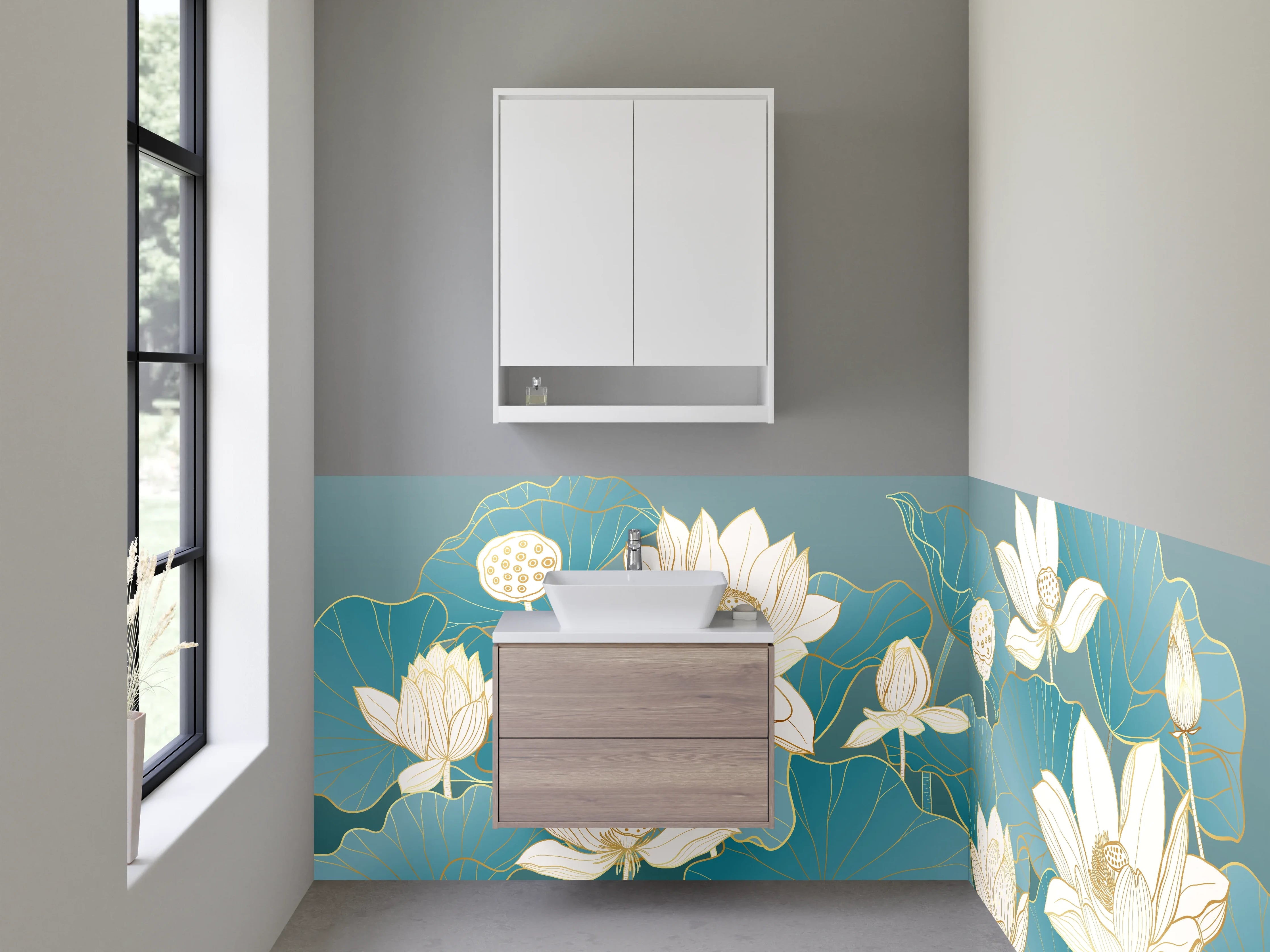 Waschbecken-Rückwand - Lotusblüten auf Türkis – Aquarell-Optik